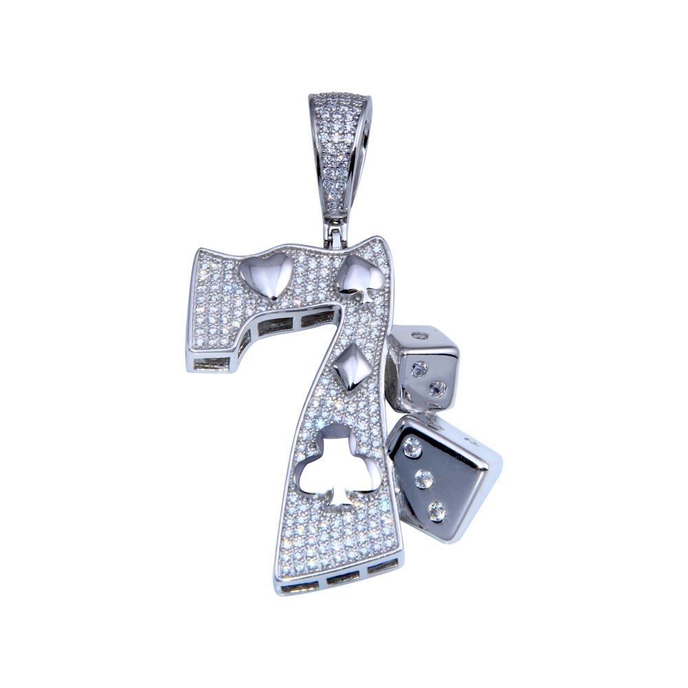 Rhodium Plated 925 Sterling Silver CZ Lucky 7 Hip Hop Pendant - SLP00259