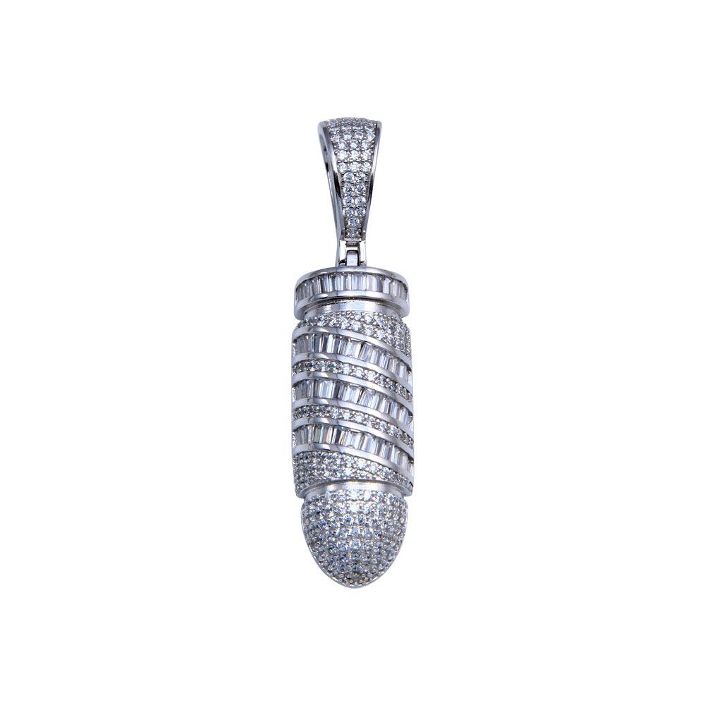 Rhodium Plated 925 Sterling Silver CZ Bullet Hip Hop Pendant - SLP00260