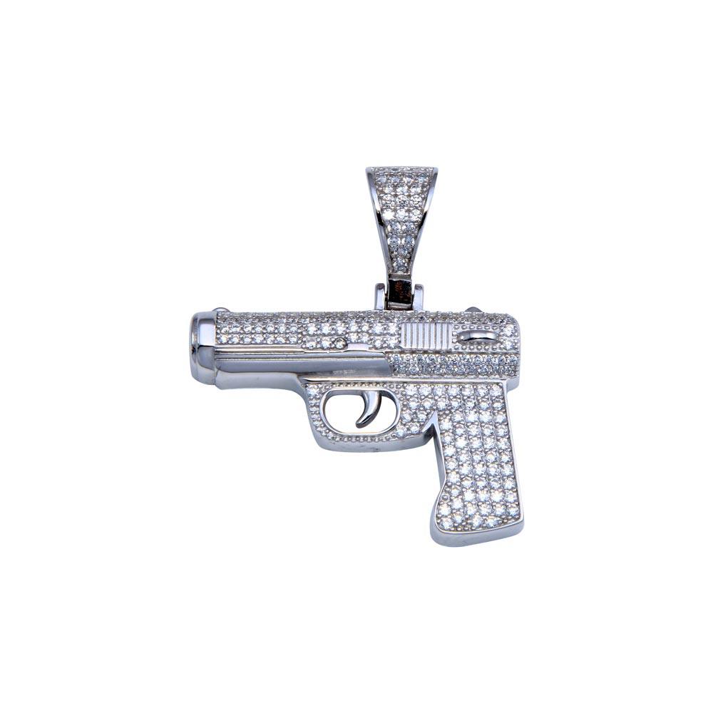 Rhodium Plated 925 Sterling Silver CZ Gun Hip Hop Pendant - SLP00261