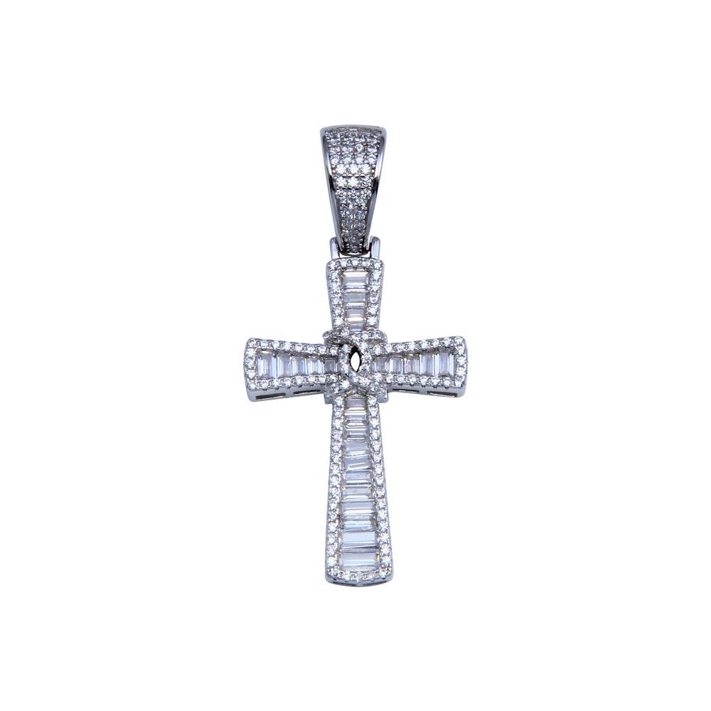 Rhodium Plated 925 Sterling Silver CZ Cross Hip Hop Pendant - SLP00262