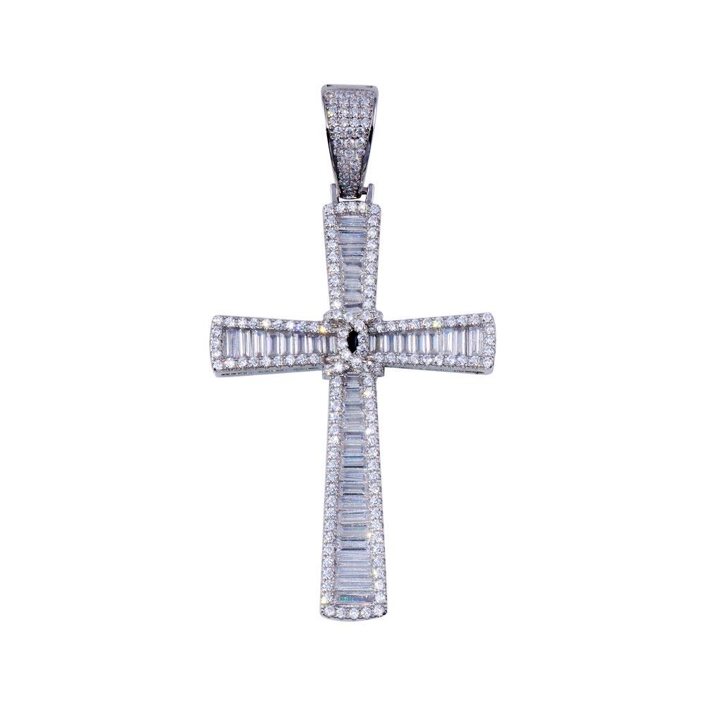 Rhodium Plated 925 Sterling Silver CZ  Cross Hip Hop Pendant - SLP00263