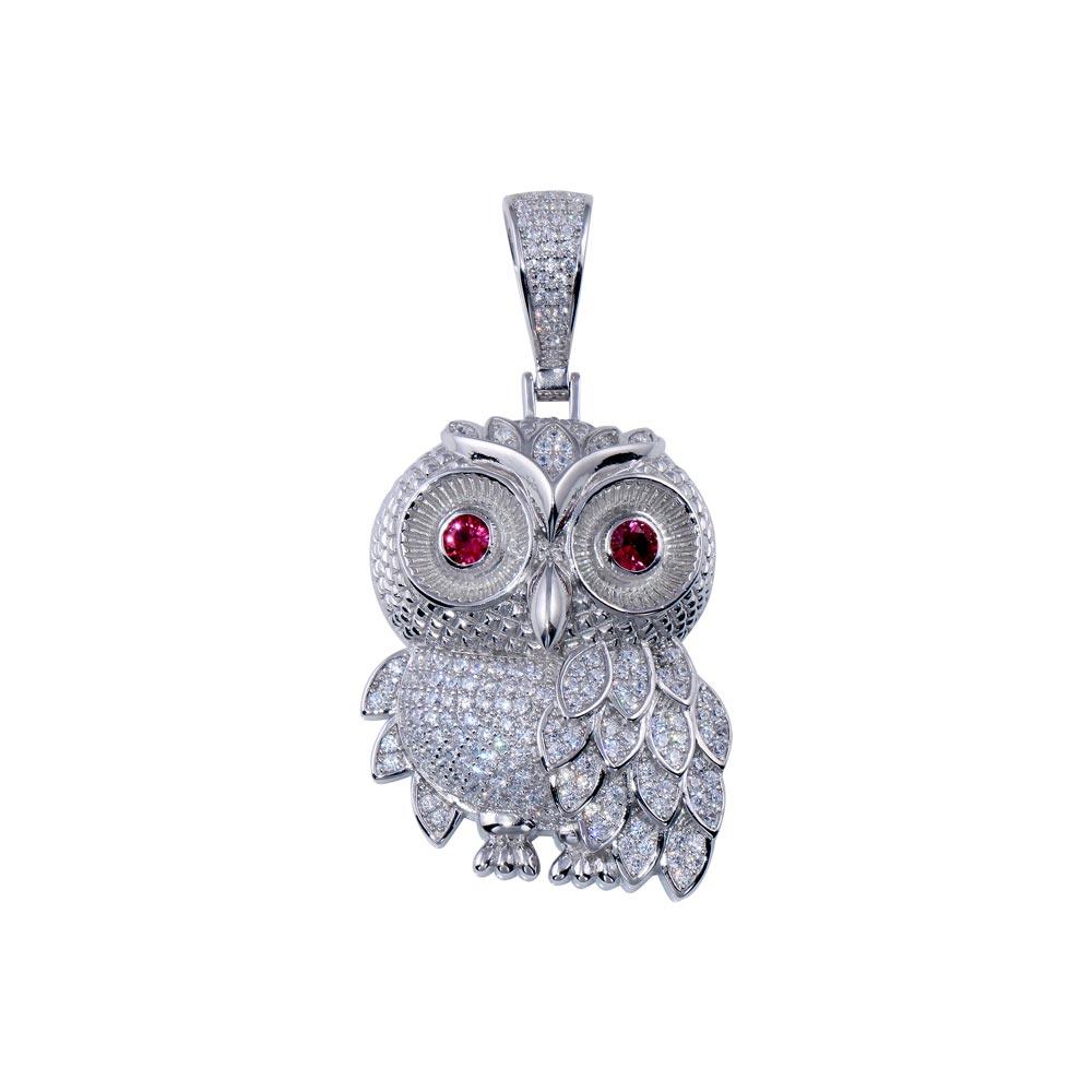 Rhodium Plated 925 Sterling Silver CZ  Owl Hip Hop Pendant - SLP00266