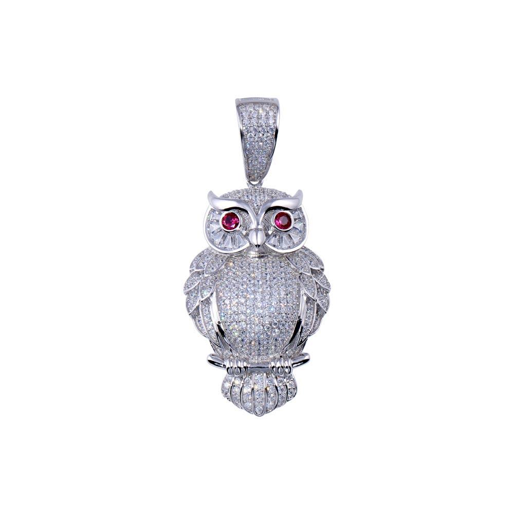 Rhodium Plated 925 Sterling Silver CZ  Owl Hip Hop Pendant - SLP00267