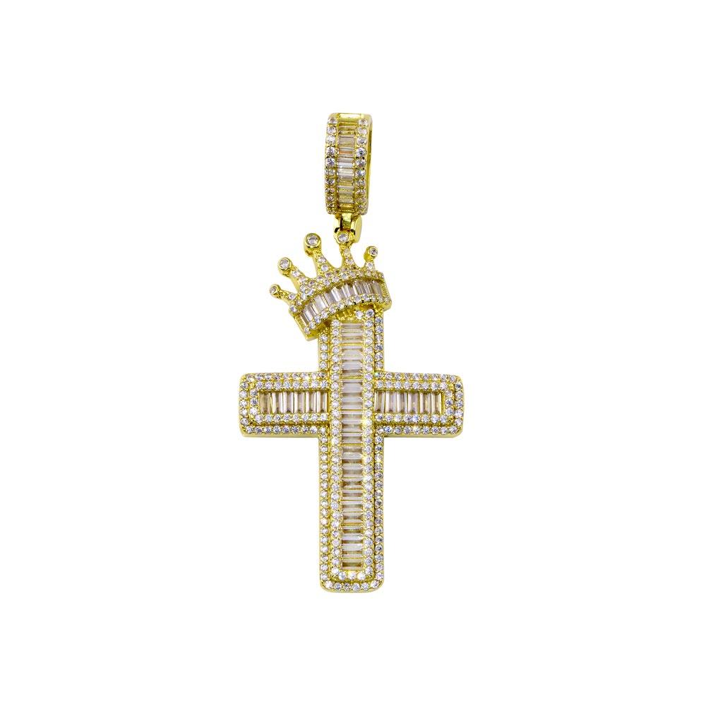 Gold Plated 925 Sterling Silver CZ  Crown Cross Hip Hop Pendant - SLP00269GP