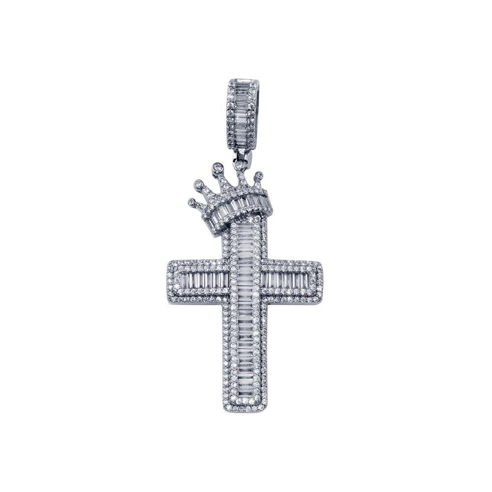 Rhodium Plated 925 Sterling Silver CZ  Crown Cross Hip Hop Pendant - SLP00269RH