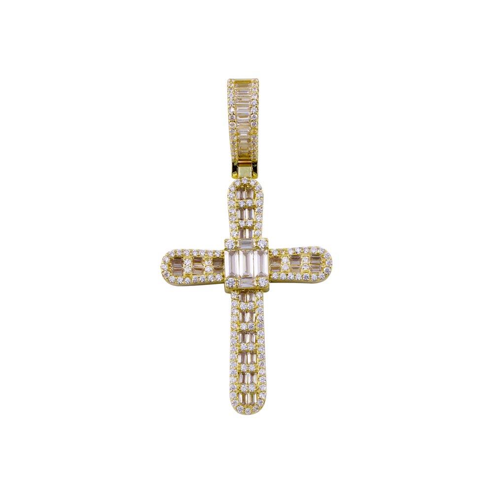 Gold Plated 925 Sterling Silver CZ  Cross Hip Hop Pendant - SLP00270GP