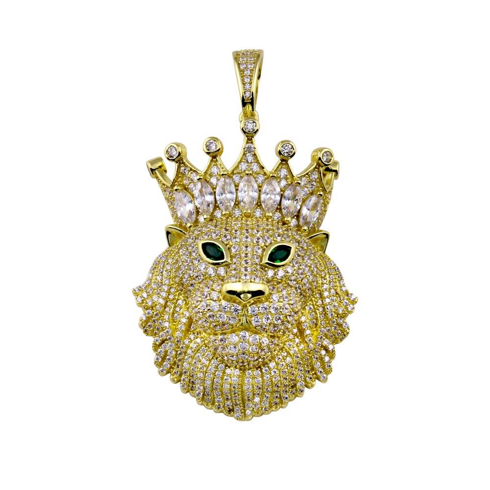 Gold Plated 925 Sterling Silver CZ King Lion Hip Hop Pendant - SLP00274GP