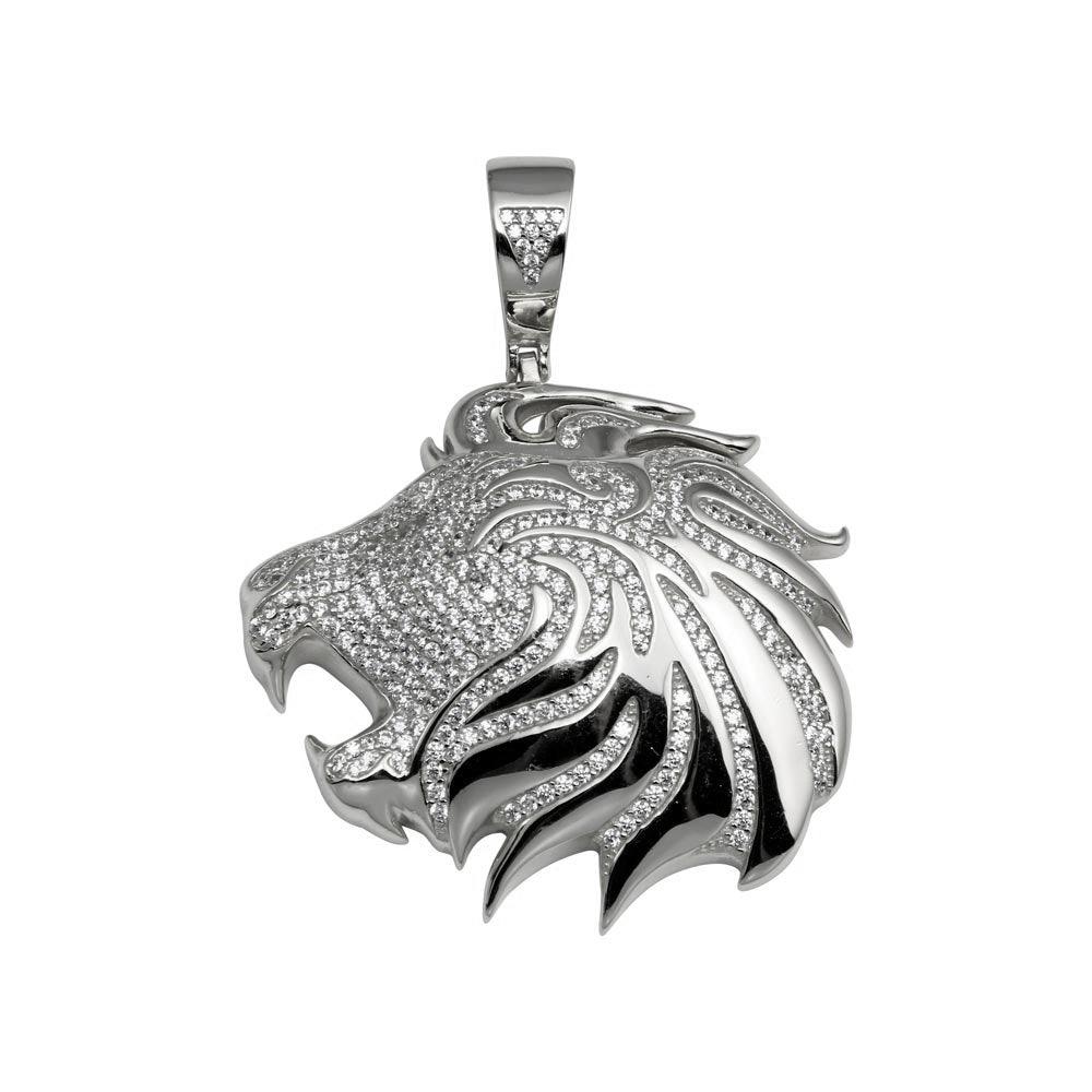 Rhodium Plated 925 Sterling Silver CZ  Lion Hip Hop Pendant - SLP00275RH