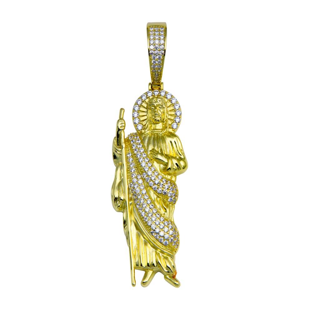 Gold Plated 925 Sterling Silver CZ  St Jude Hip Hop Pendant - SLP00278GP