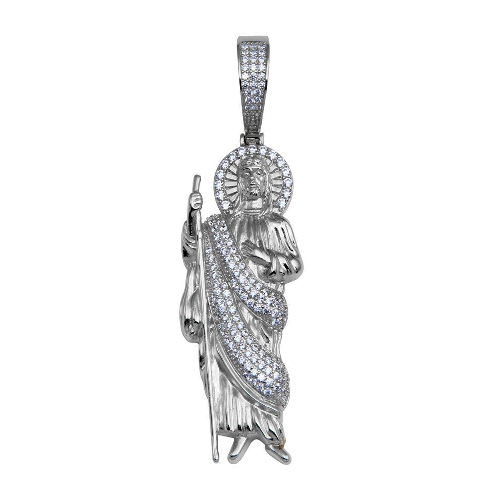 Rhodium Plated 925 Sterling Silver CZ  St Jude Hip Hop Pendant - SLP00278RH