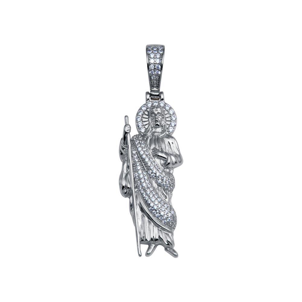 Rhodium Plated 925 Sterling Silver CZ  St Jude Hip Hop Pendant - SLP00279RH