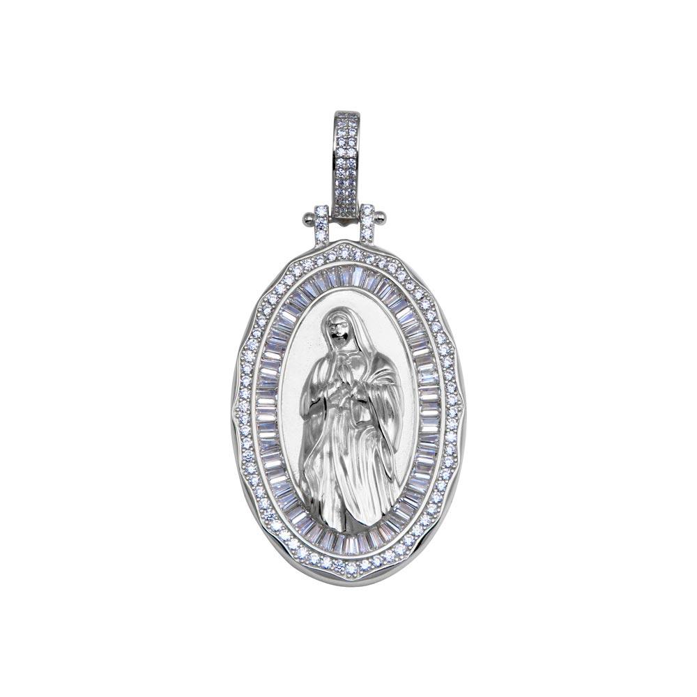 Rhodium Plated 925 Sterling Silver CZ Mary Hip Hop Pendant - SLP00280RH