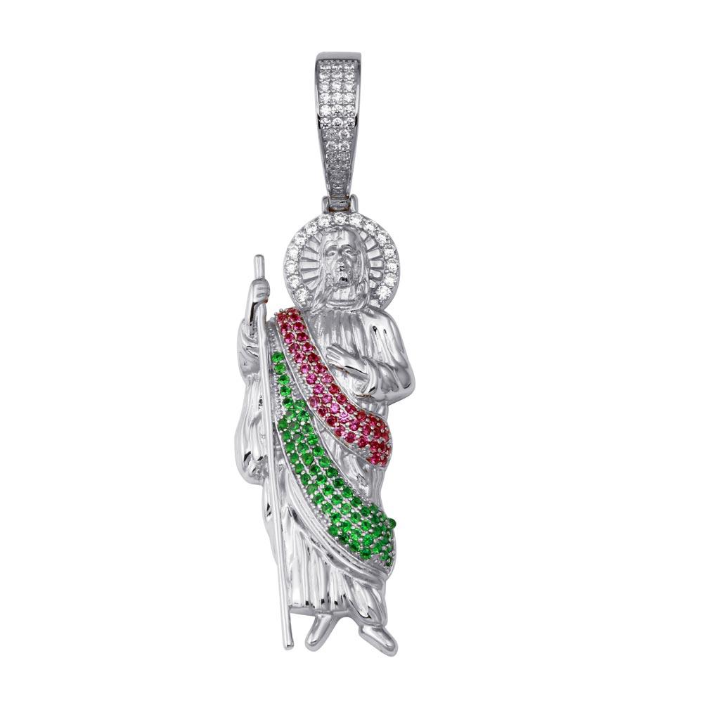 Rhodium Plated 925 Sterling Silver Multi Color CZ  St Jude Hip Hop Pendant - SLP00342RH