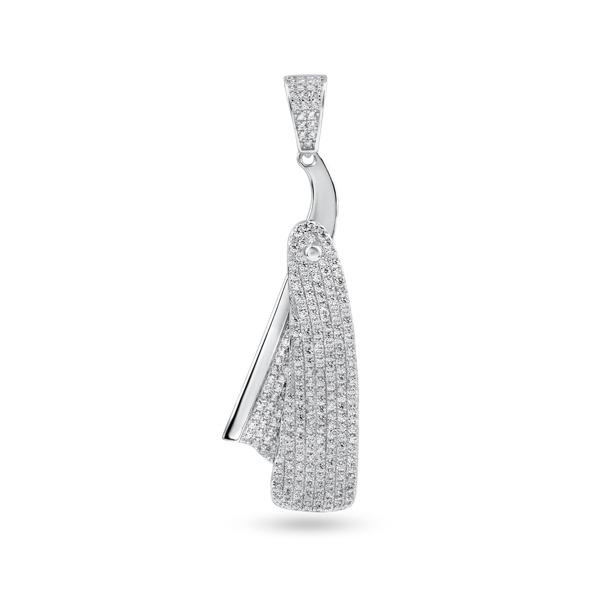 Rhodium Plated 925 Sterling Silver Barber Razor Clear CZ Pendant - SLP00352RH