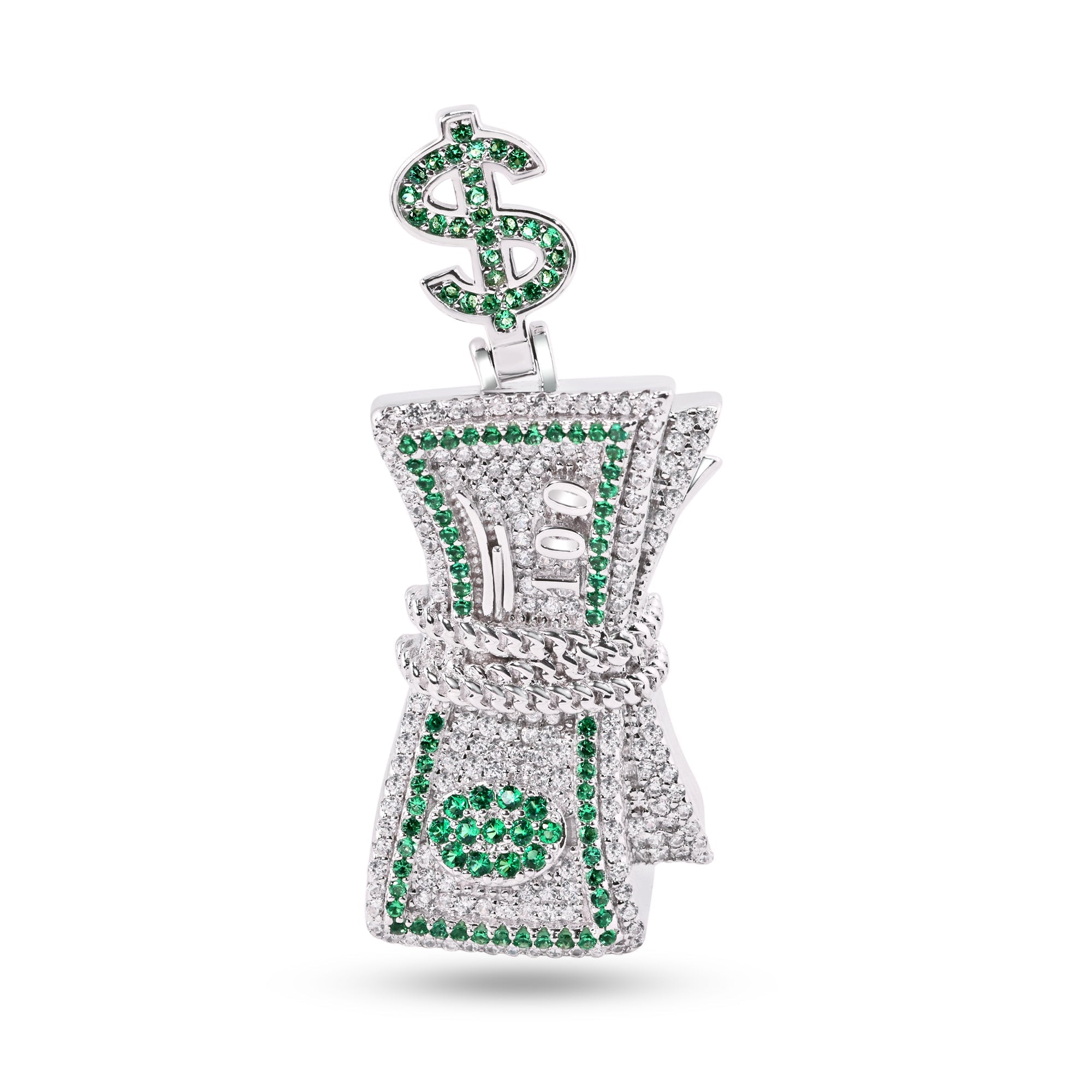 Rhodium Plated 925 Sterling Silver Bundle of Cash Clear and Green CZ Dollar Vale Pendant - SLP00361