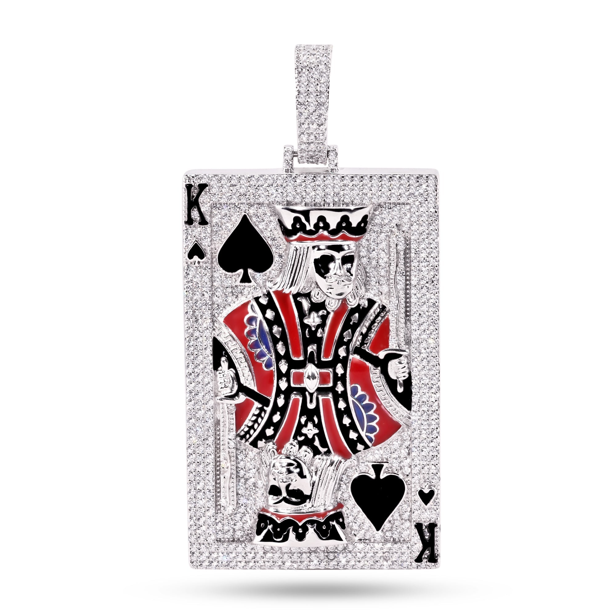 Rhodium Plated 925 Sterling Silver King of Spades Clear CZ Black and Red Enamel Pendant - SLP00363