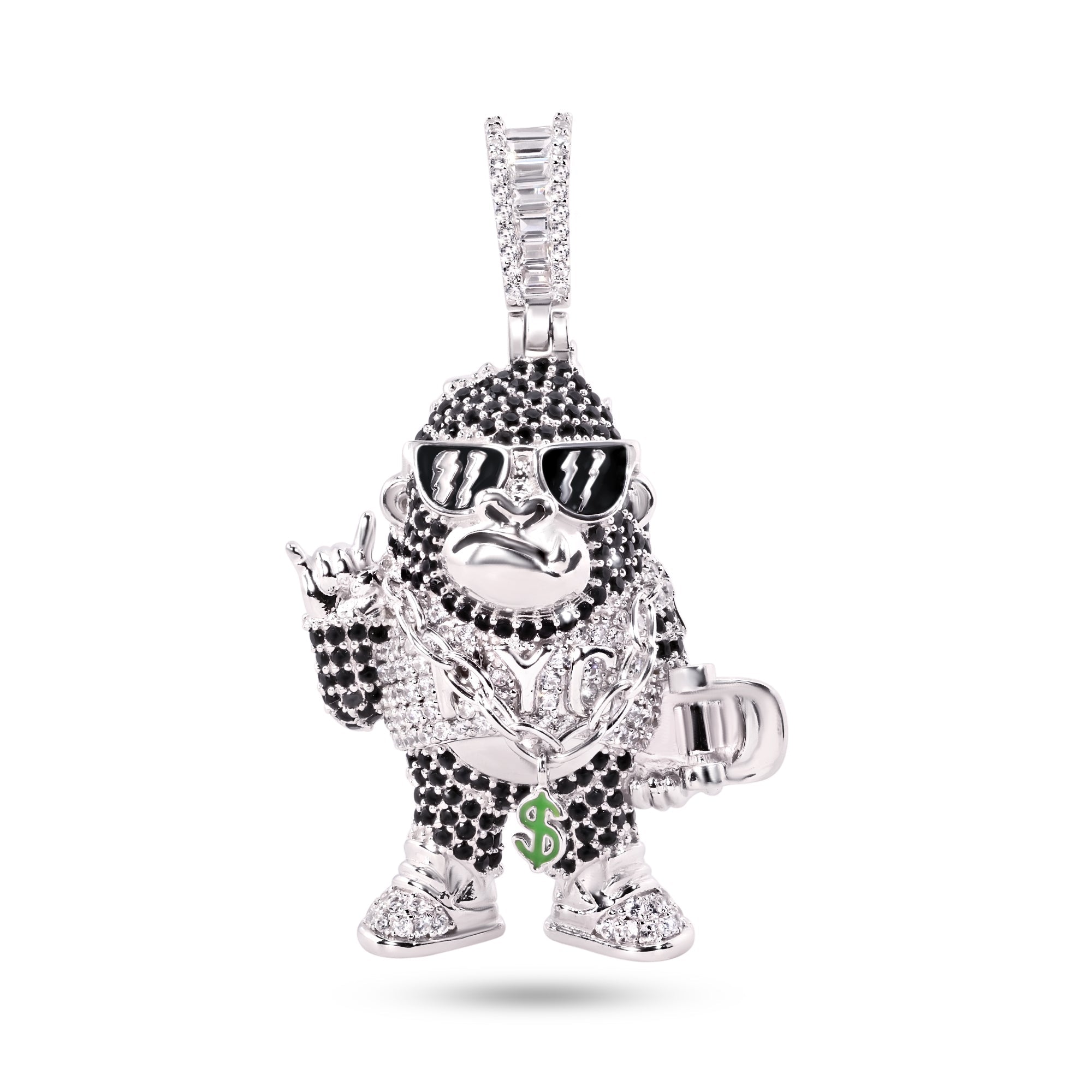 Rhodium Plated 925 Sterling Silver Hip-Hop Skater Money Clear CZ Black Enamel Pendant - SLP00367