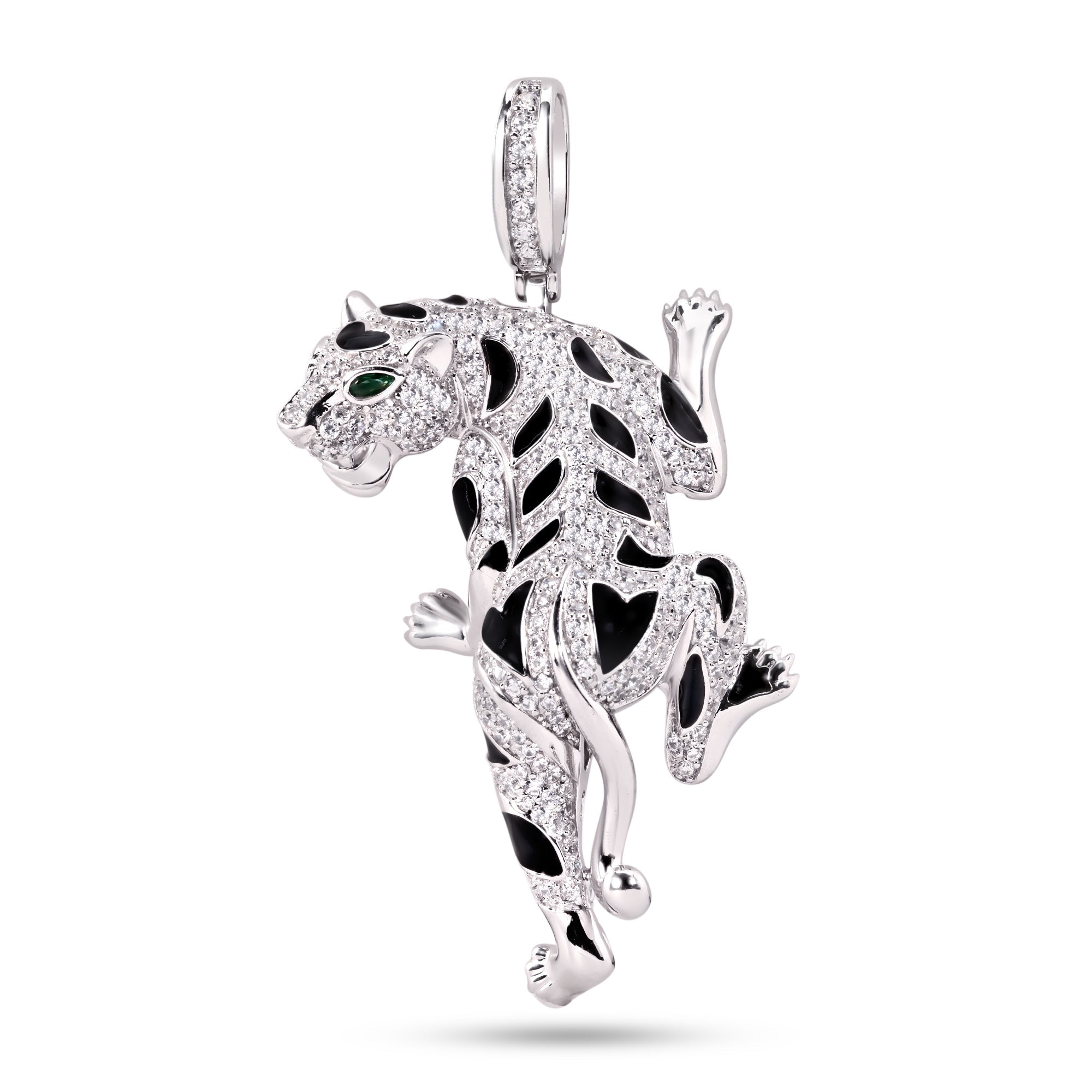 Rhodium Plated 925 Sterling Silver Cheetah Clear CZ Black Enamel Pendant - SLP00368