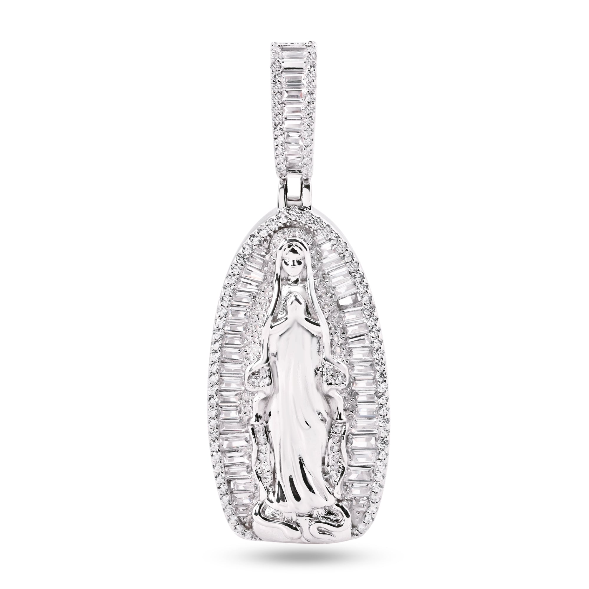 Rhodium Plated 925 Sterling Silver Our Lady Of Guadalupe Baguette Clear CZ 40mm Pendant - SLP00385