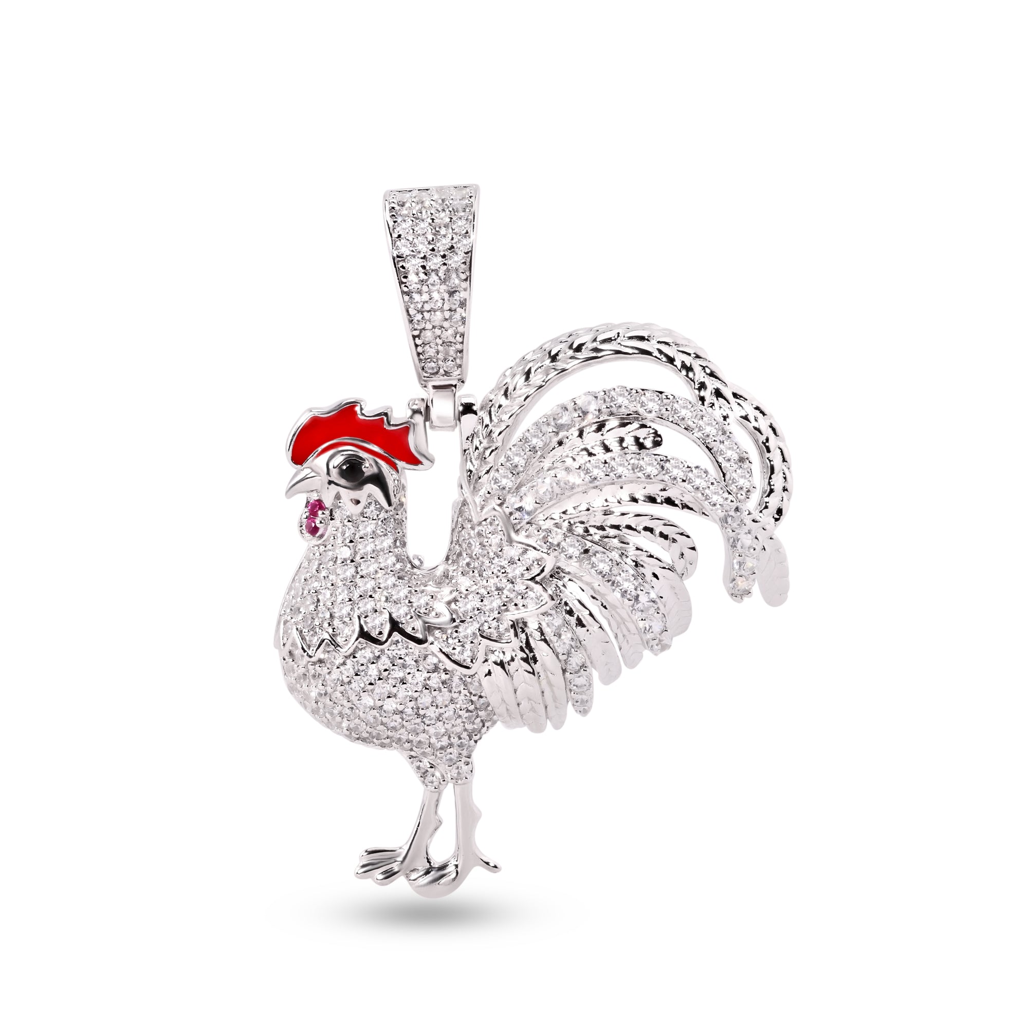 Rhodium Plated 925 Sterling Silver Rooster Clear CZ Red Enamel Pendant - SLP00391