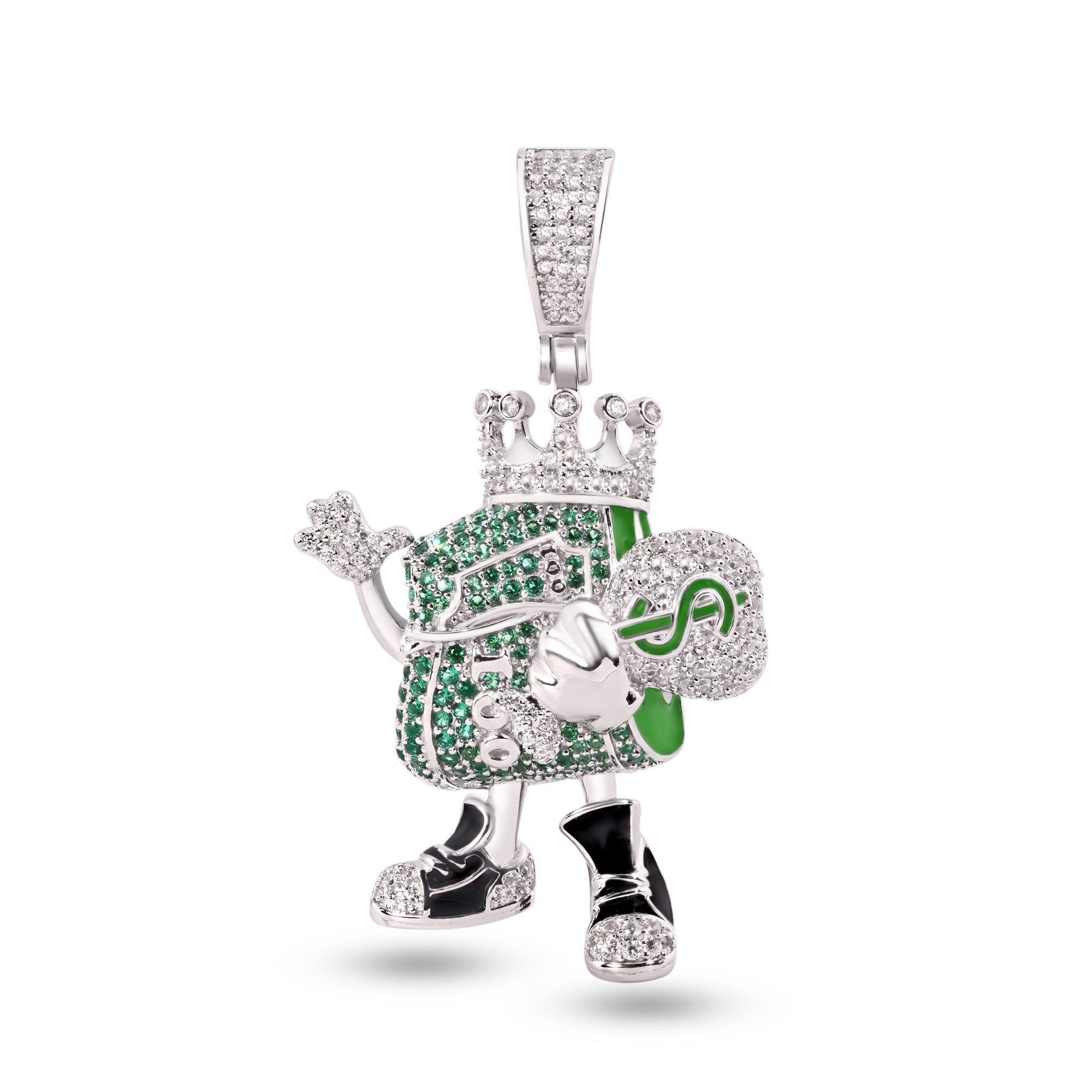 Rhodium Plated 925 Sterling Silver Cash King Money Bag Clear and Green CZ Pendant - SLP00394