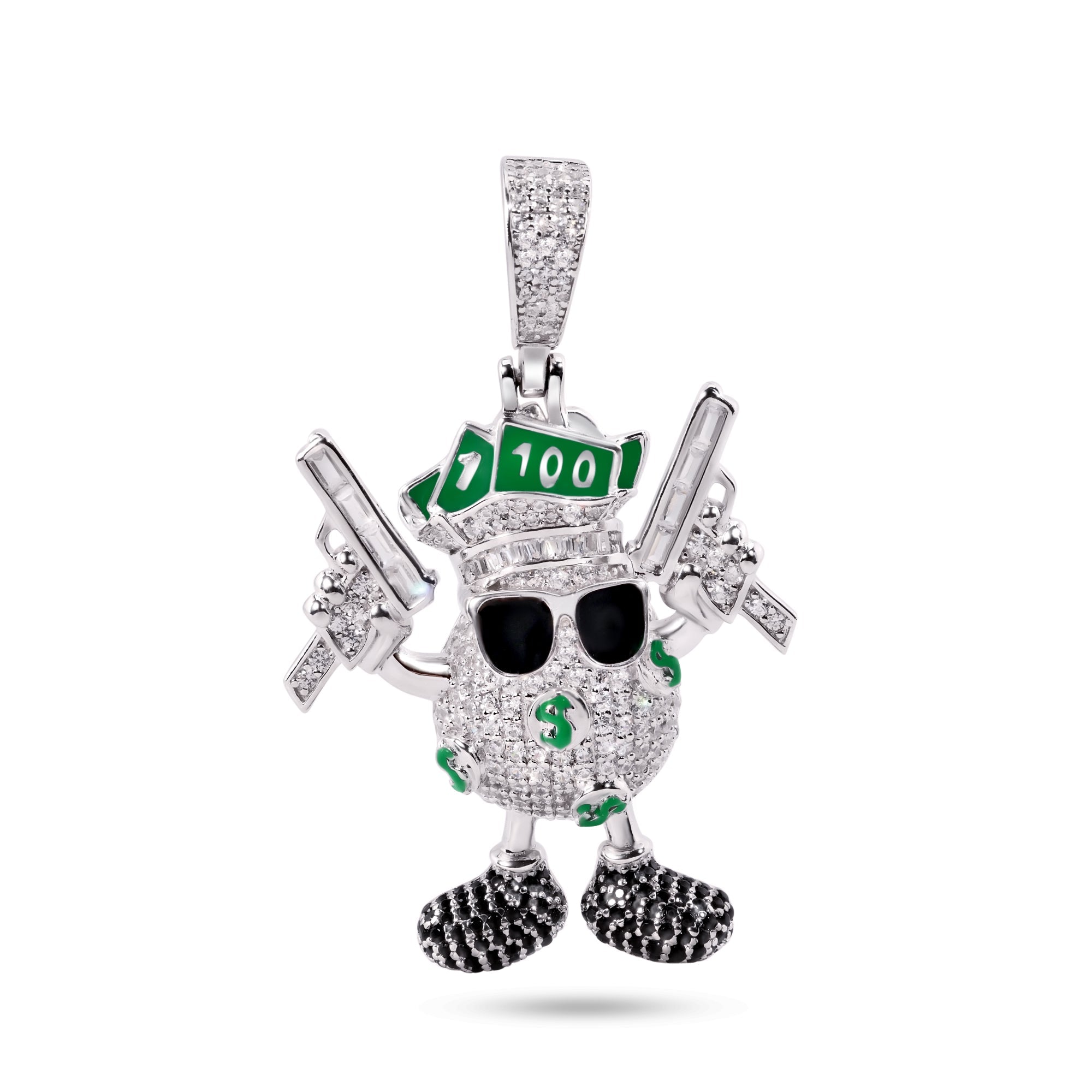 Rhodium Plated 925 Sterling Silver Egg Dollar Bills Guns Clear and Black CZ and Green Enamel Pendant - SLP00399