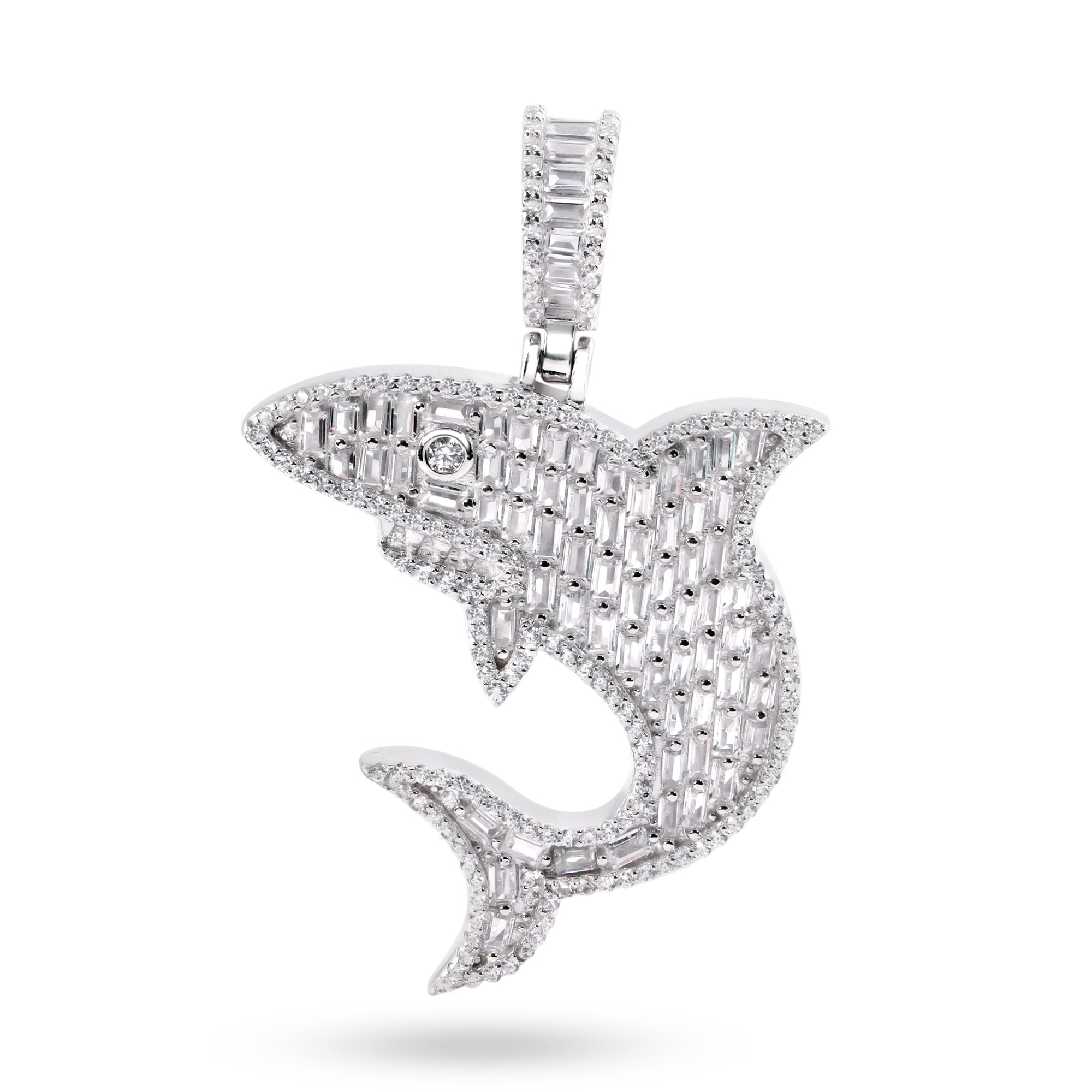 Rhodium Plated 925 Sterling Silver Shark Baguette Clear CZ Pendant - SLP00412