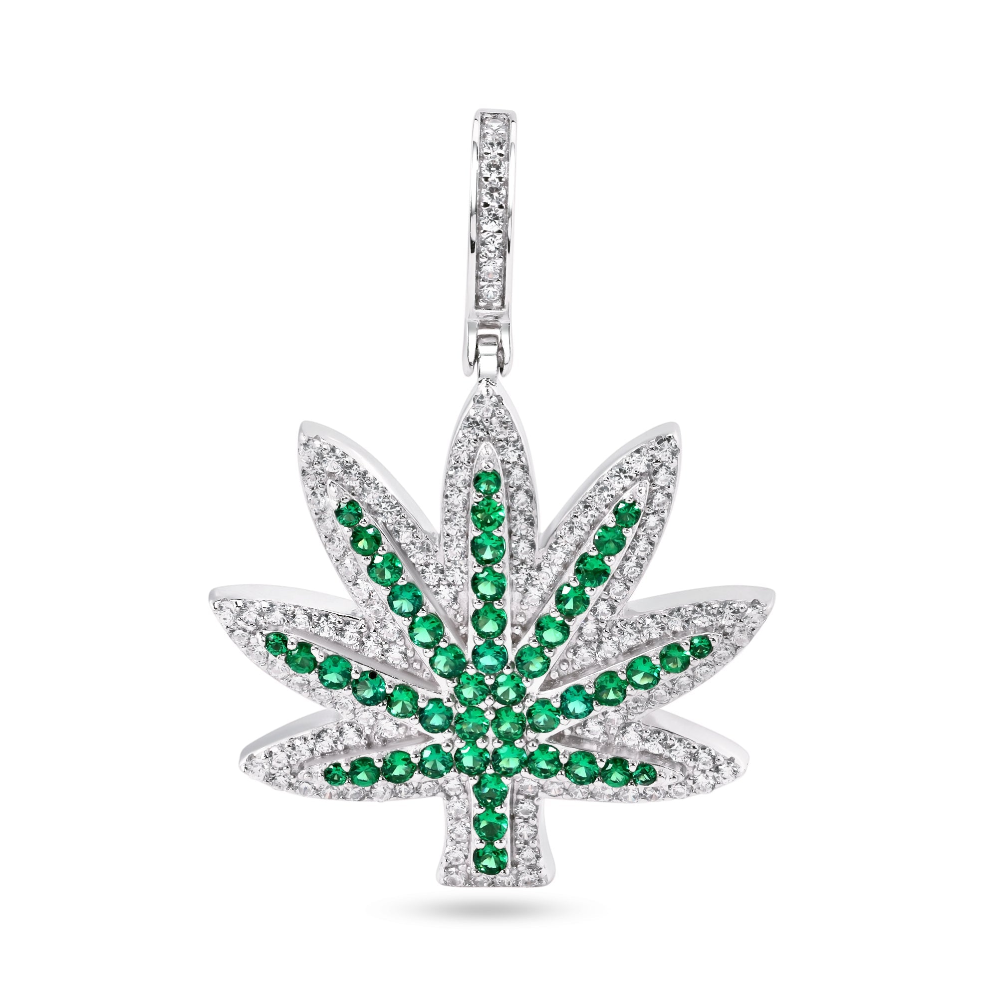 Rhodium Plated 925 Sterling Silver Marijuana Cannabis Green and Clear CZ Pendant - SLP00420