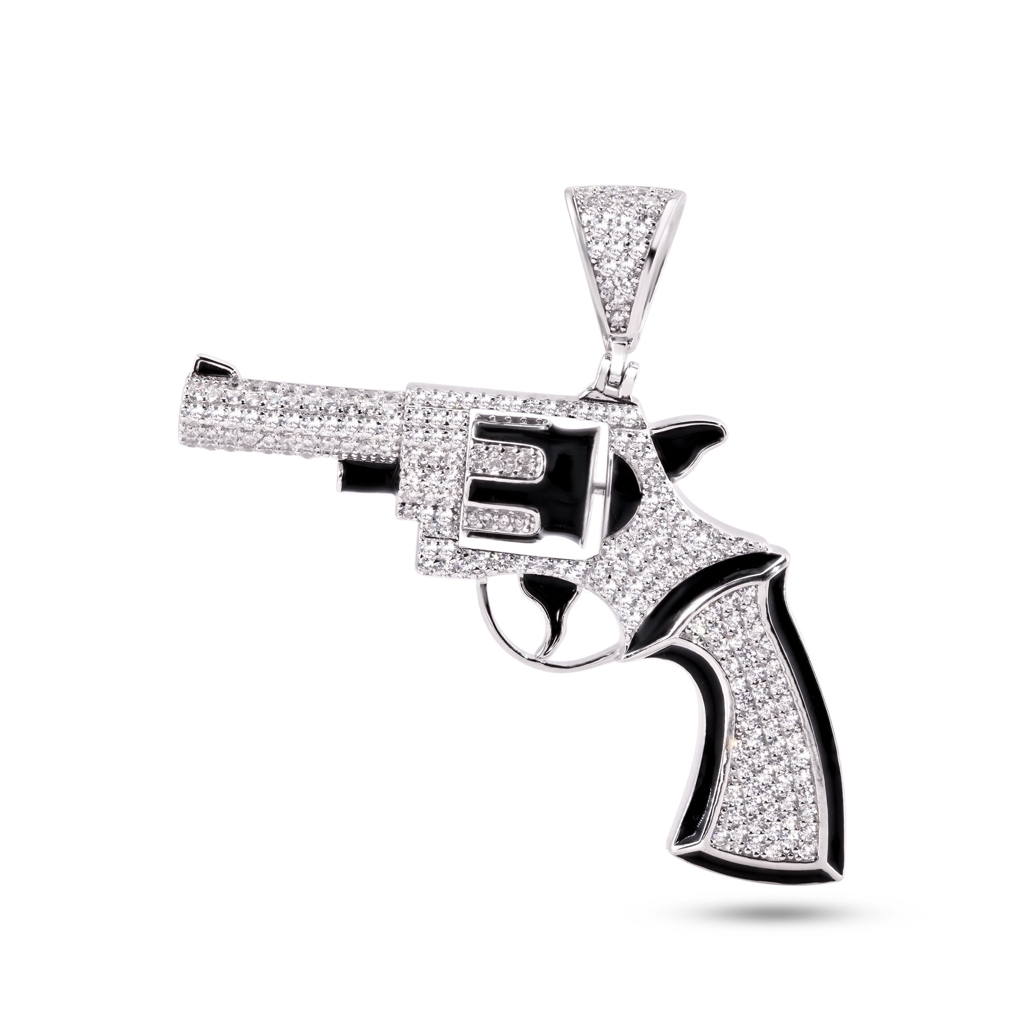 Rhodium Plated 925 Sterling Silver Spinning Revolver Gun Clear CZ Black Enamel Pendant - SLP00424