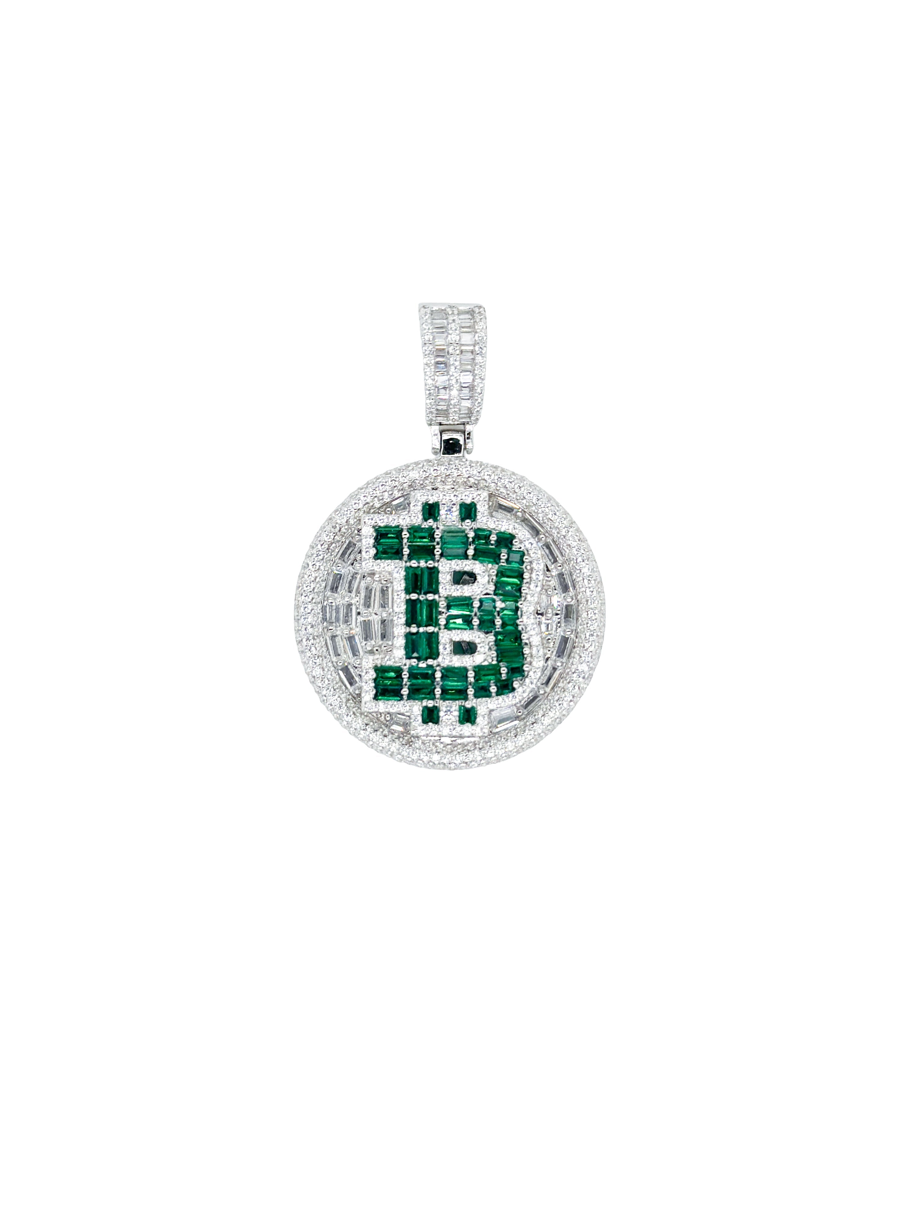 Rhodium Plated 925 Sterling Silver Bitcoin Cryptocurrency Green Baguette and Clear CZ 31.5mm Pendant - SLP00436