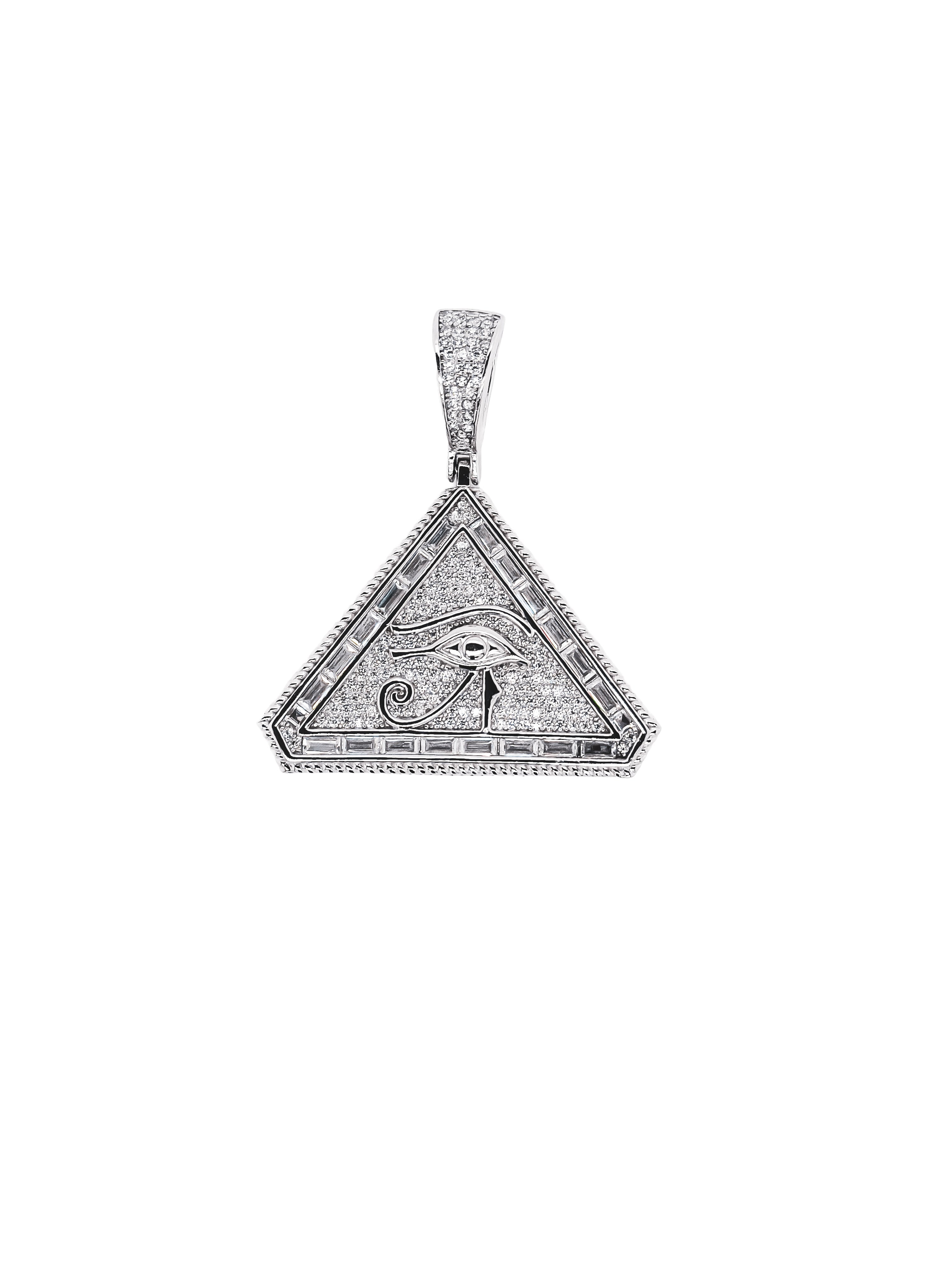 Rhodium Plated 925 Sterling Silver Eye of Horus Triangle Clear Baguette and Round CZ Pendant - SLP00437