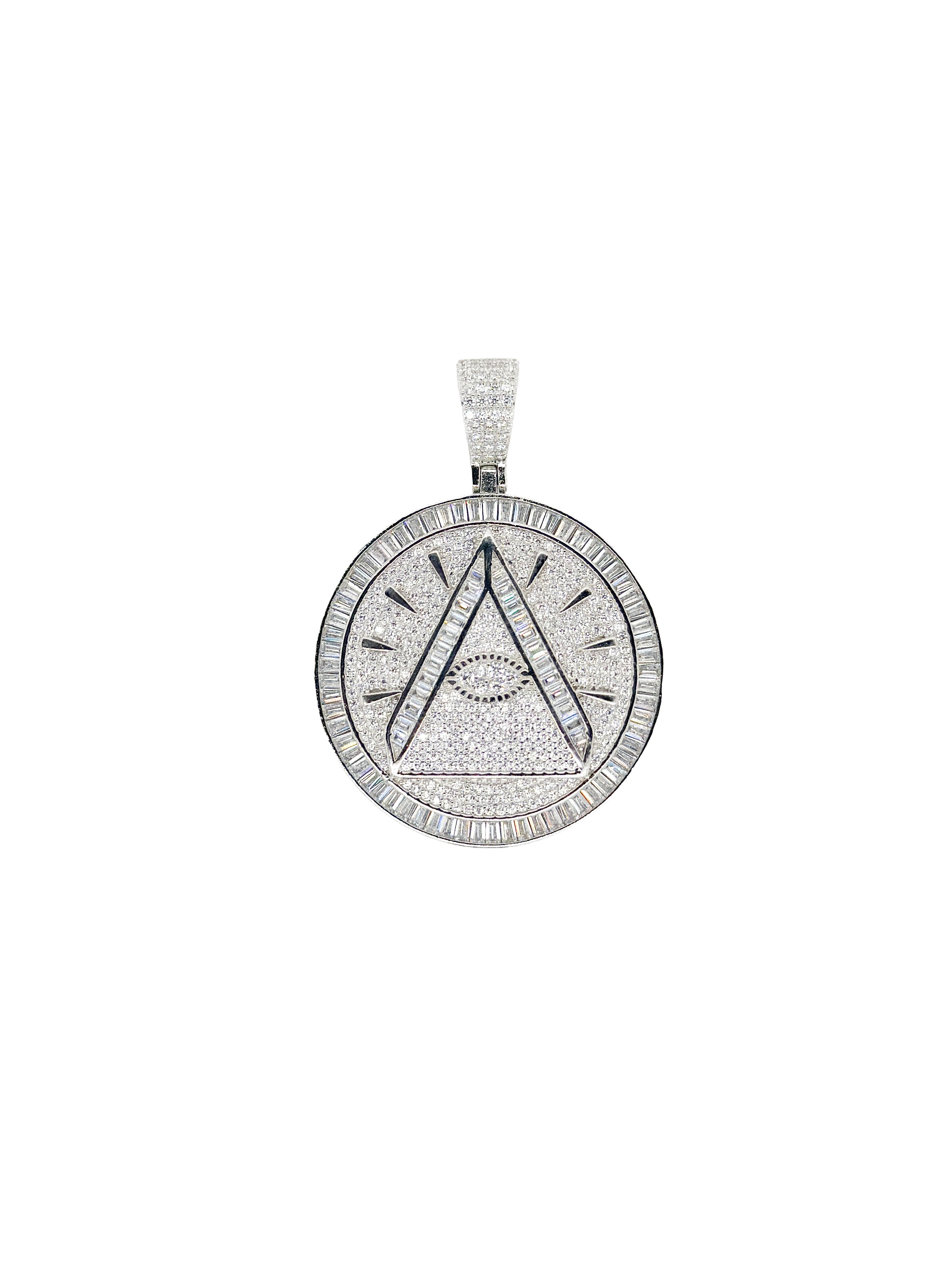 Rhodium Plated 925 Sterling Silver Round Illuminati Eye Baguette and Round CZ Pendant - SLP00438