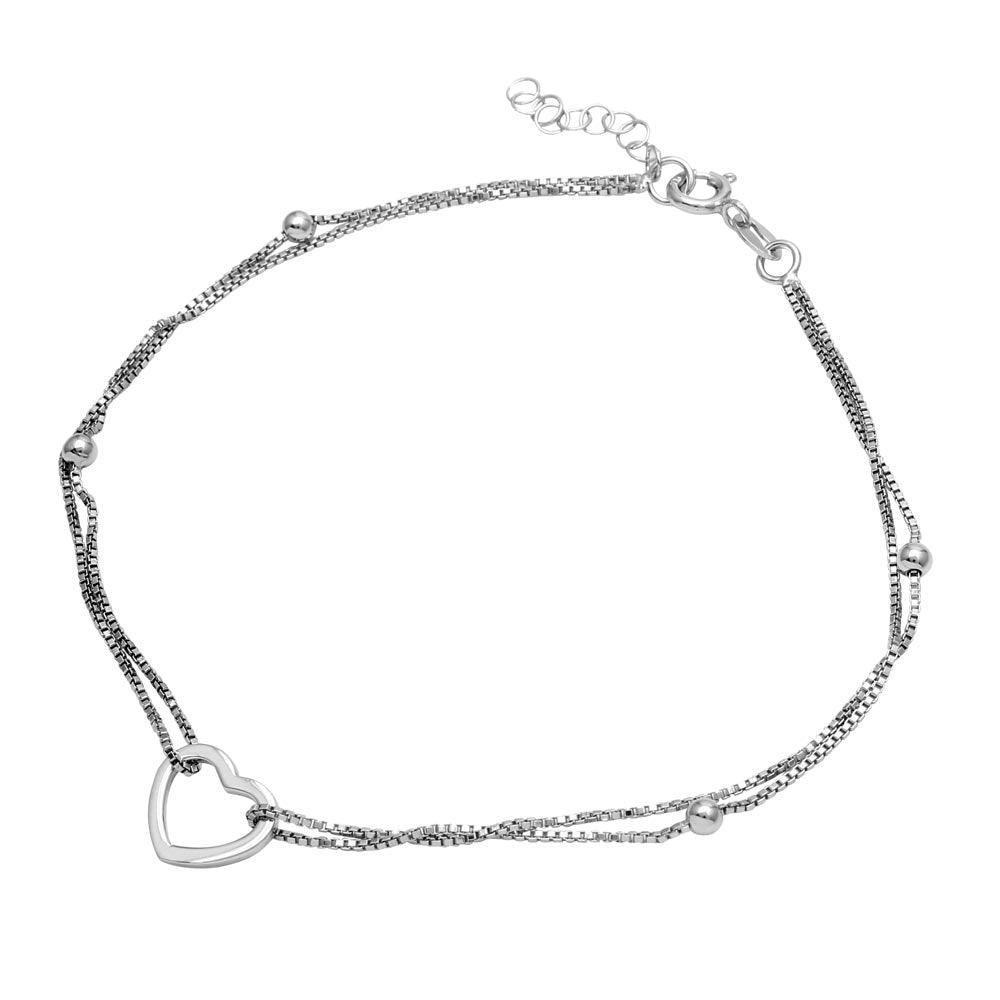 Rhodium Plated 925 Sterling Silver Double Strand Open Heart Anklet - SOA00002