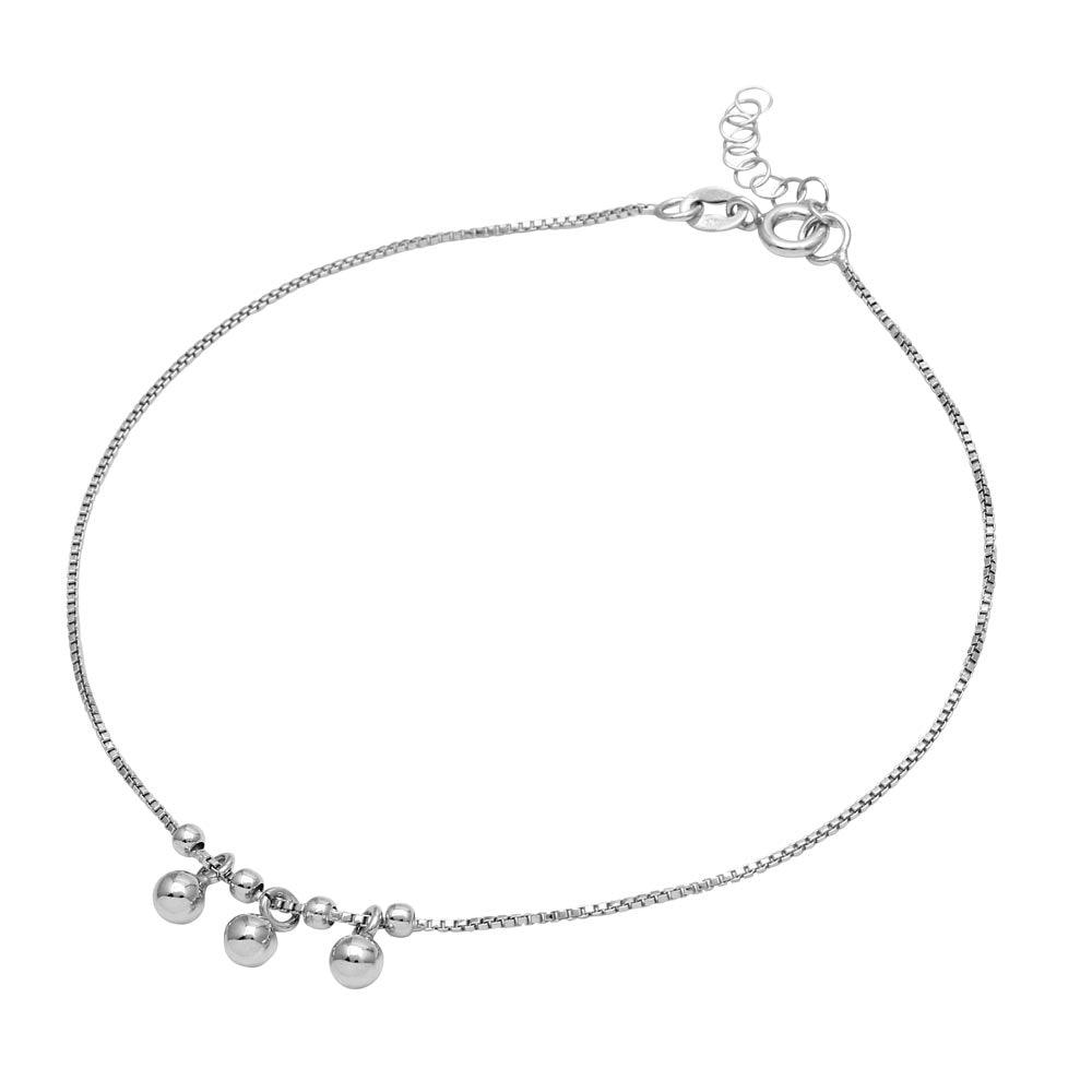 Rhodium Plated 925 Sterling Silver Dangling Three Bead Anklet - SOA00004