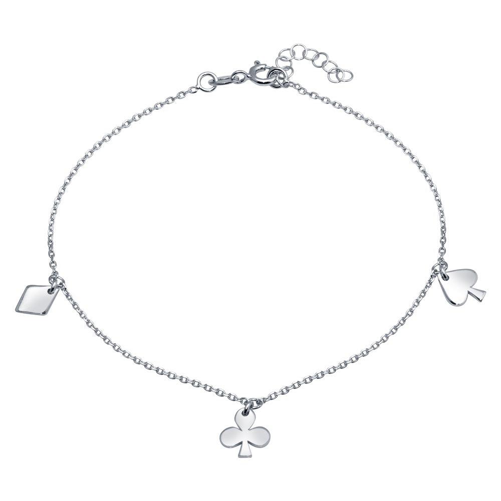 Rhodium Plated 925 Sterling Silver Diamond, Clover, and Spade Charm Anklet - SOA00017