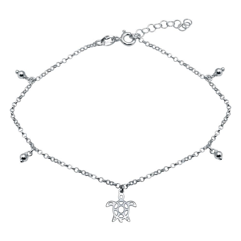 Rhodium Plated 925 Sterling Silver Turtle Charm Anklet - SOA00018