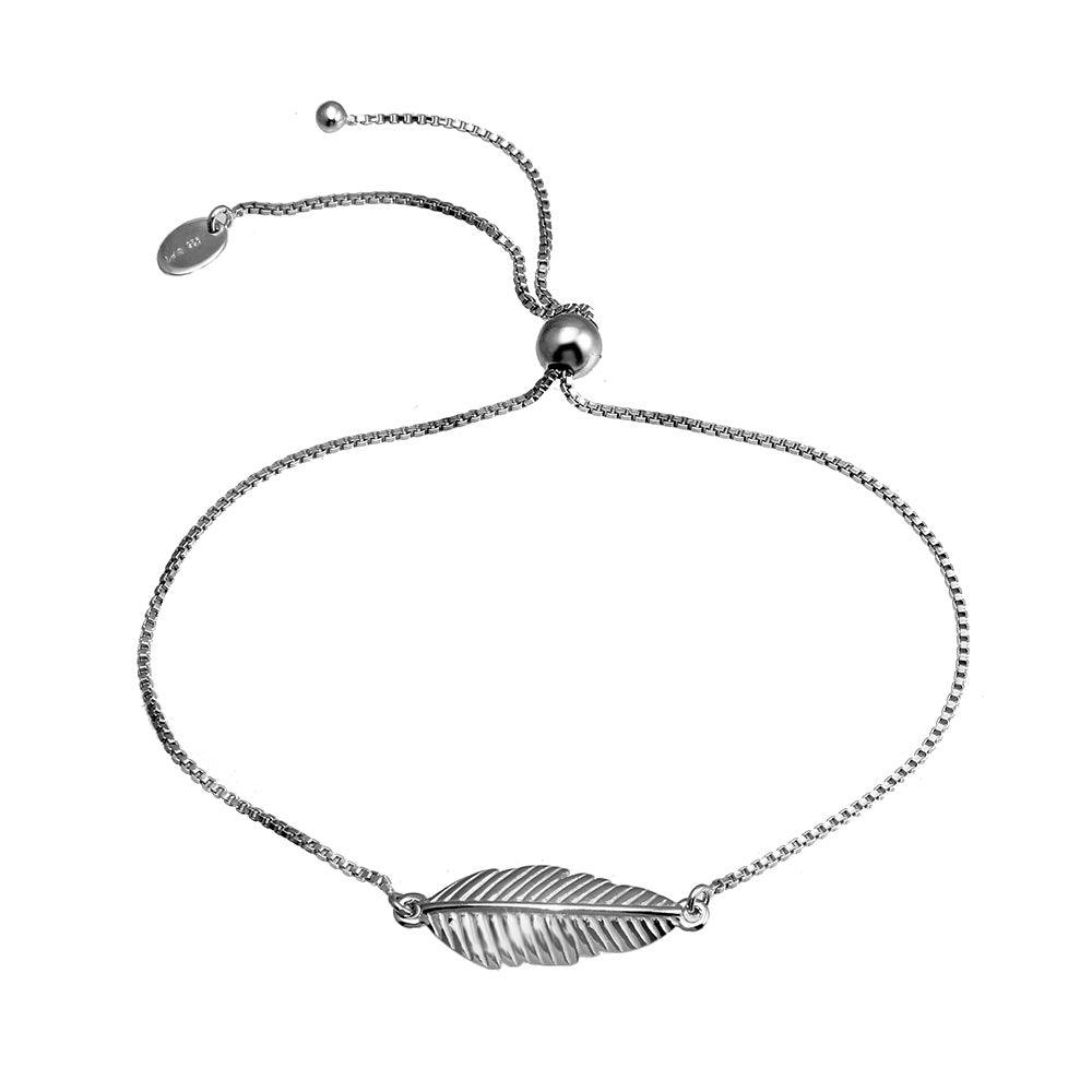 Rhodium Plated 925 Sterling Silver Leaf Lariat Bracelet - SOB00002