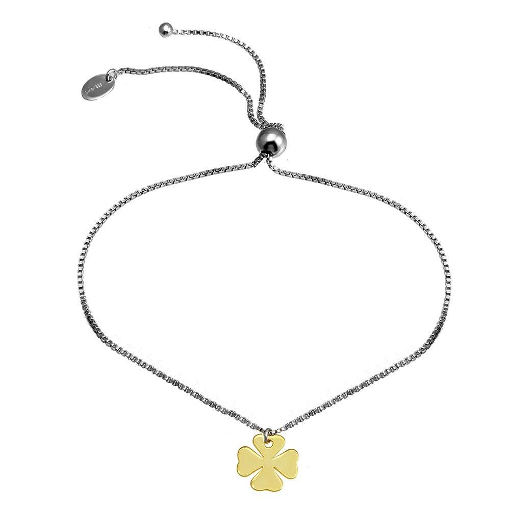 Rhodium Plated 925 Sterling Silver Lariat Bracelet with Gold Plated Clover Charm - SOB00003