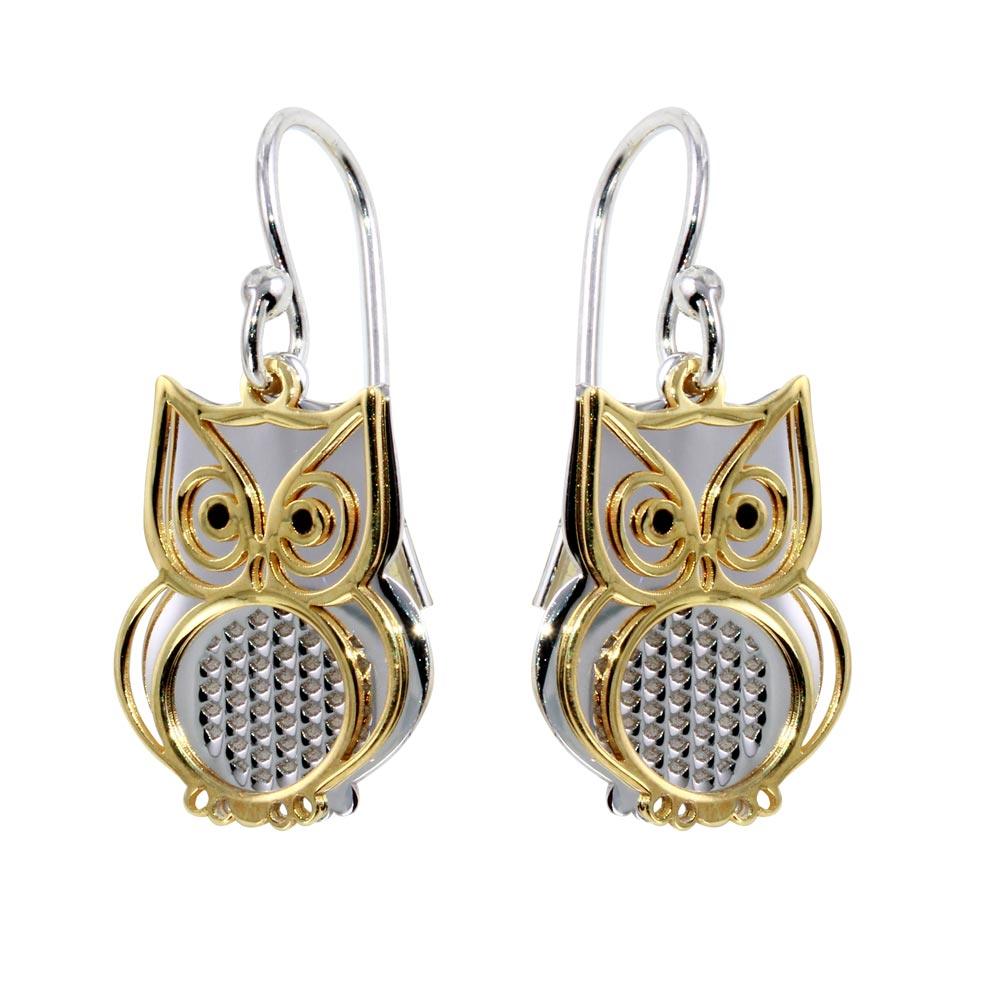 Two-Tone 925 Sterling Silver Flat Owl Earrings - SOE00001