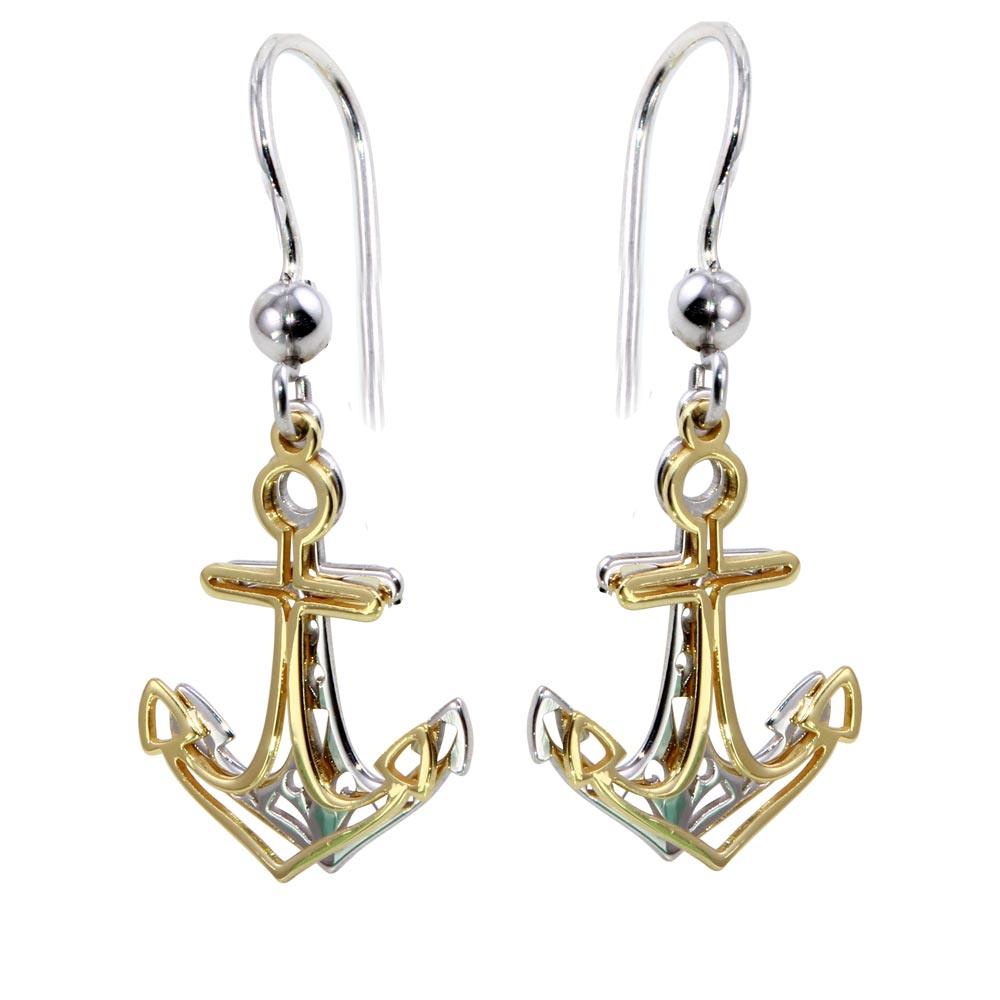 Two-Tone 925 Sterling Silver Flat Anchor Earrings - SOE00002