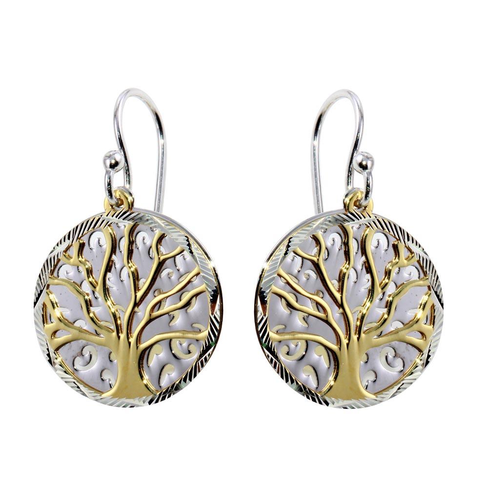 Two-Tone 925 Sterling Silver Flat Tree Earrings - SOE00003