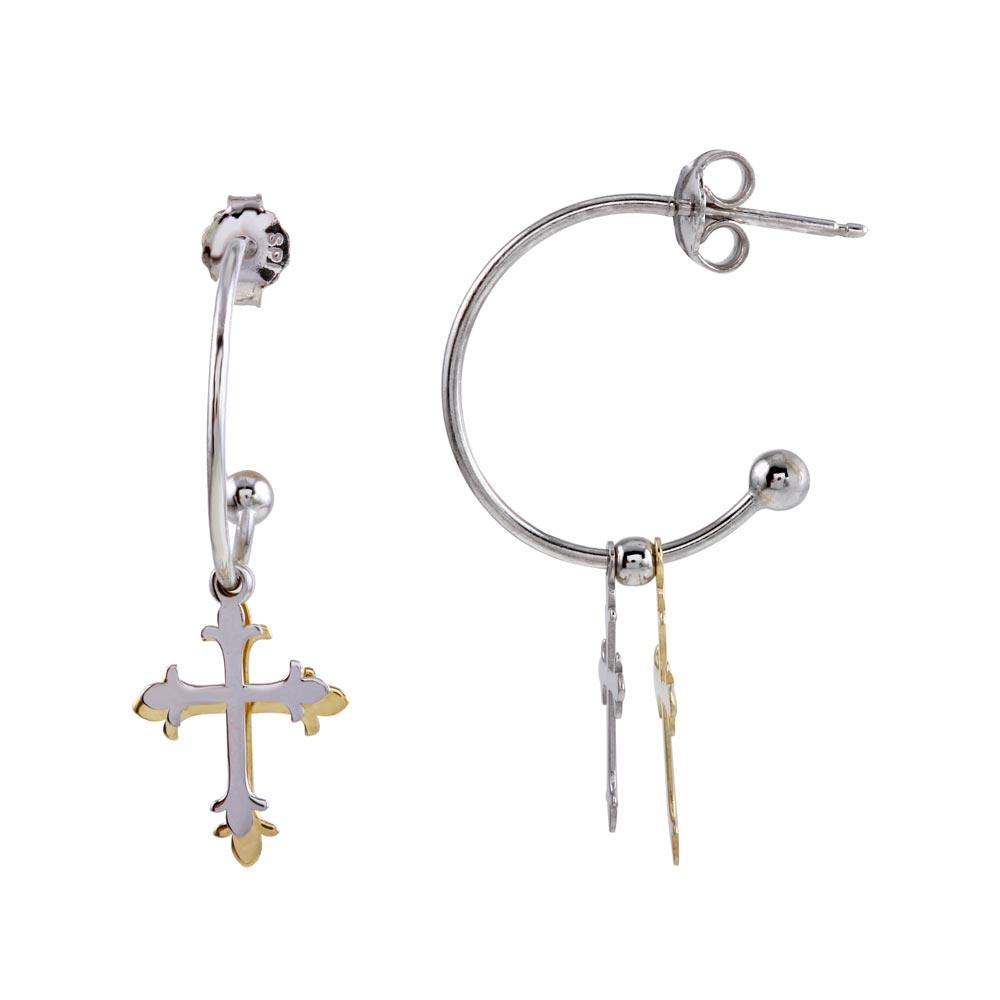 Two-Tone 925 Sterling Silver Semi-Hoop Cross Earrings - SOE00004