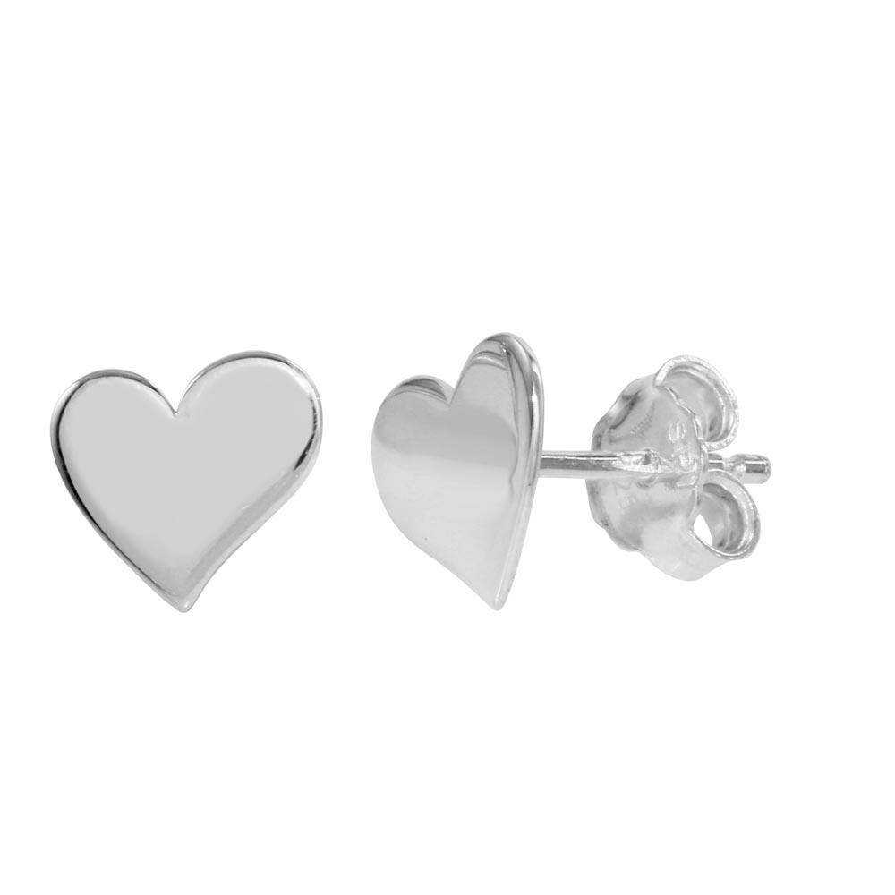 Rhodium Plated 925 Sterling Silver Flat Heart Stud Earrings - SOE00012