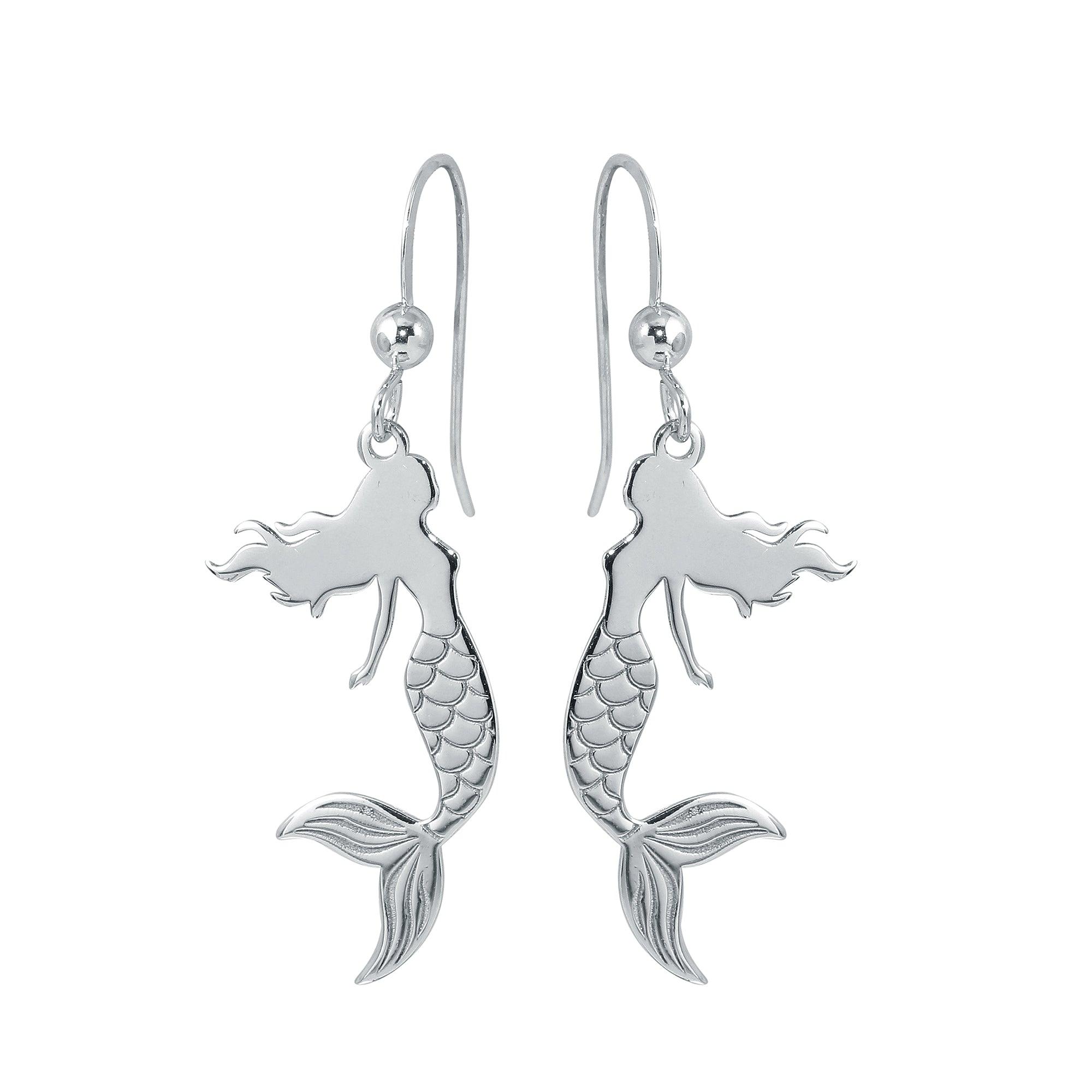 Rhodium Plated 925 Sterling Silver Dangling Mermaid Earrings - SOE00034