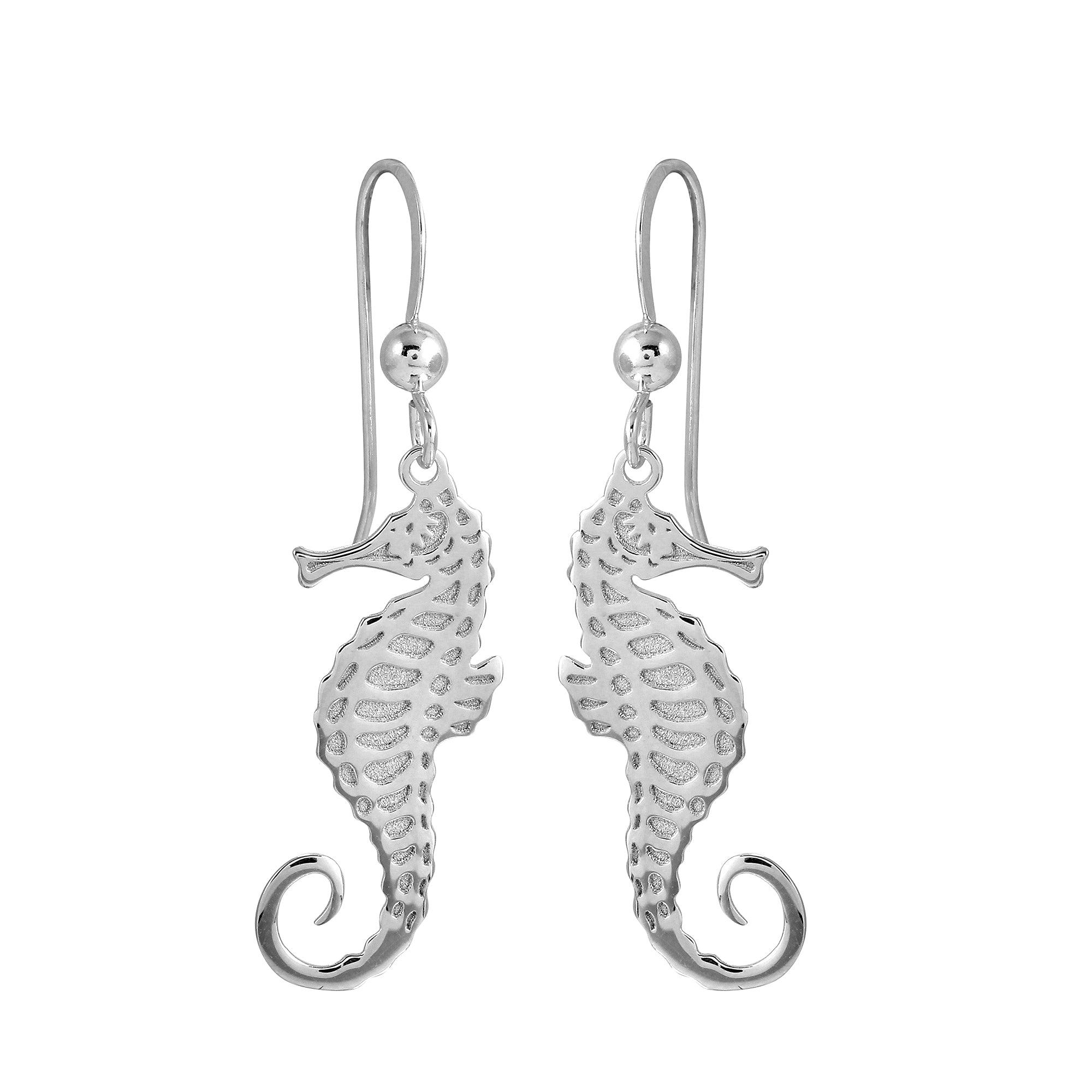 Rhodium Plated 925 Sterling Silver Dangling Sea Horse Earrings - SOE00036