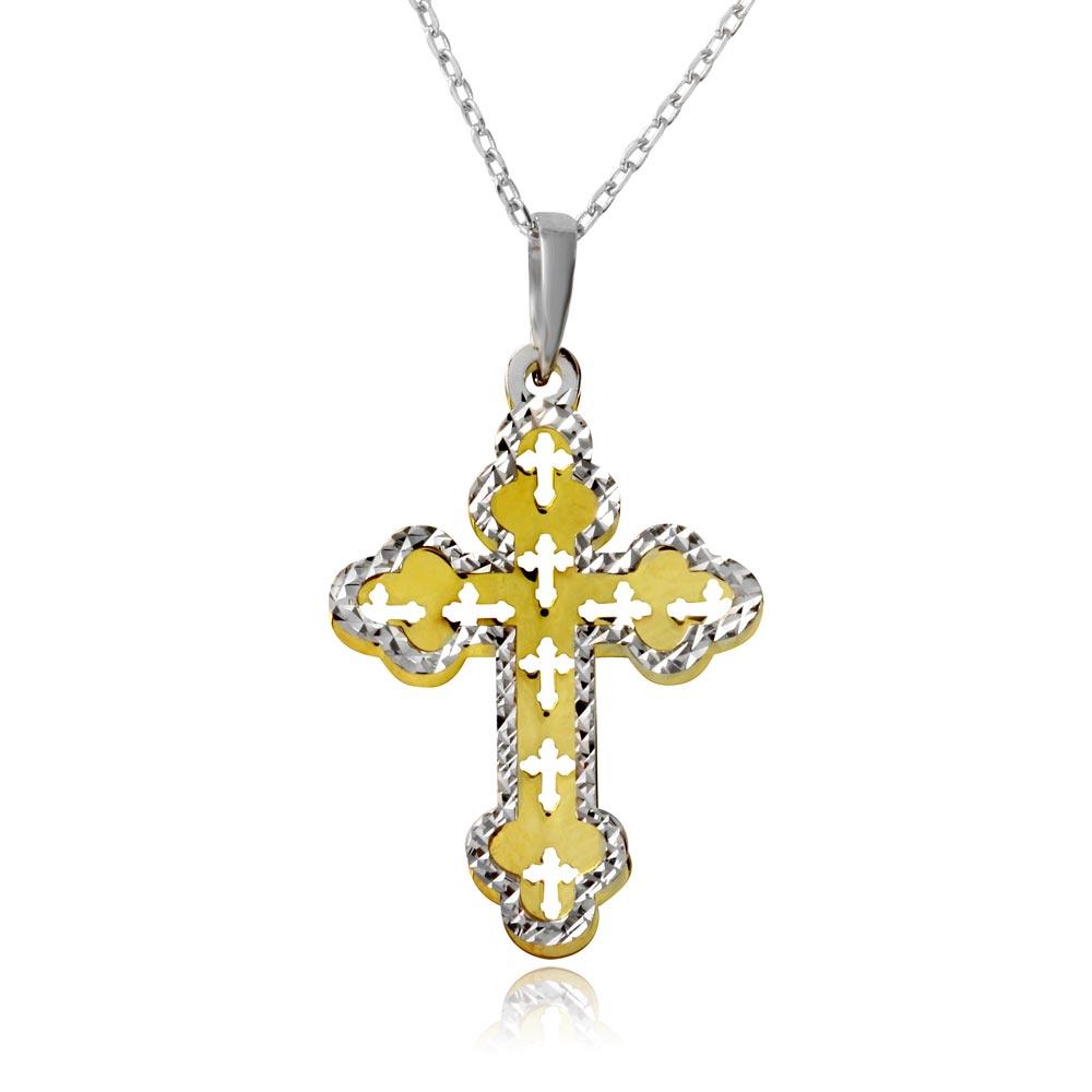 Gold and Rhodium Plated 925 Sterling Silver Double Cross Necklace - SOP00001