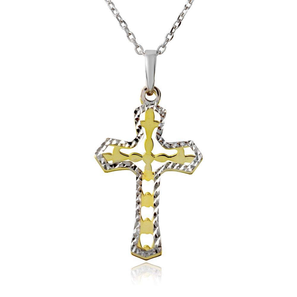 Gold and Rhodium Plated 925 Sterling Silver Double Cross Necklace - SOP00002