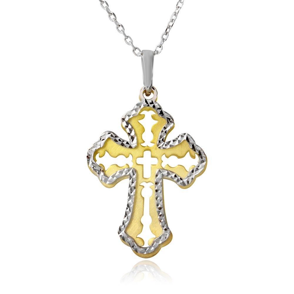 Gold and Rhodium Plated 925 Sterling Silver Double Cross Necklace - SOP00004