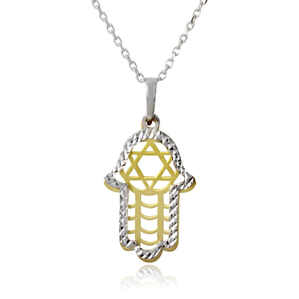 Gold and Rhodium Plated 925 Sterling Silver Hamsa with Star of David Symbol Necklace - SOP00005