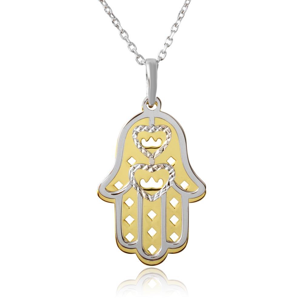 Gold and Rhodium Plated 925 Sterling Silver Hamsa with Open Hearts Necklace - SOP00006